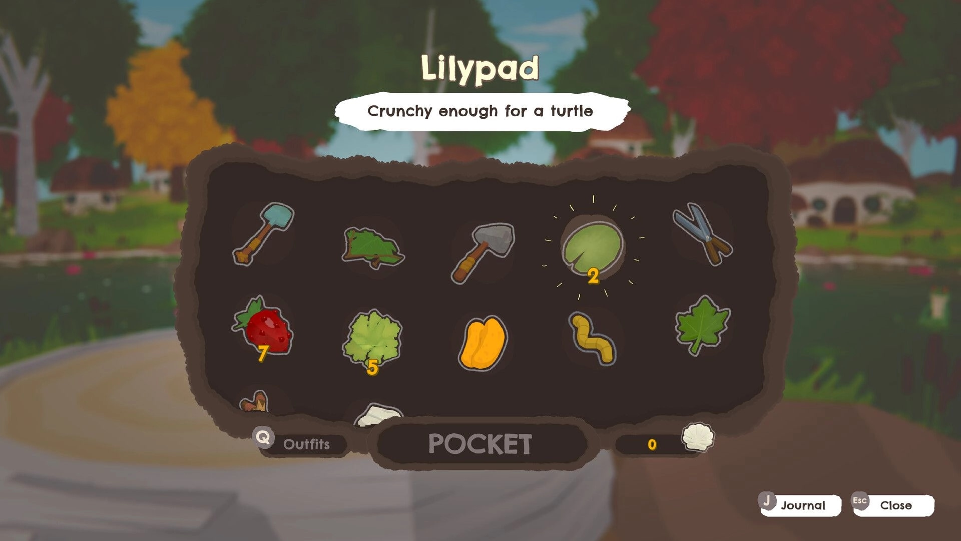 Otterly Lost: Inventory screen with various items, including a lilypad, in a colorful forest setting.
