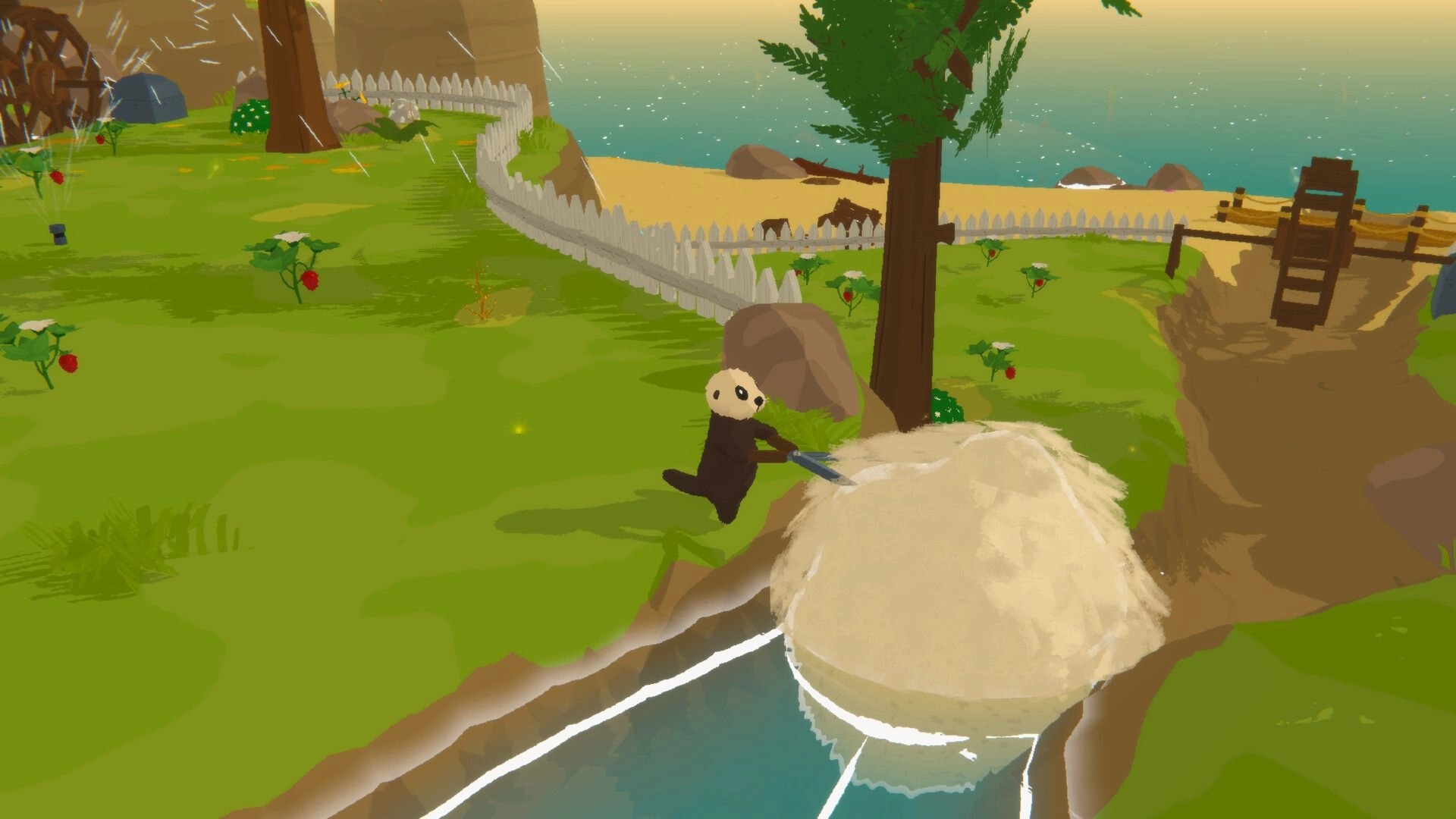 Otterly Lost: Otto digs near a tree in a grassy area with a sandy beach and ocean in the background.