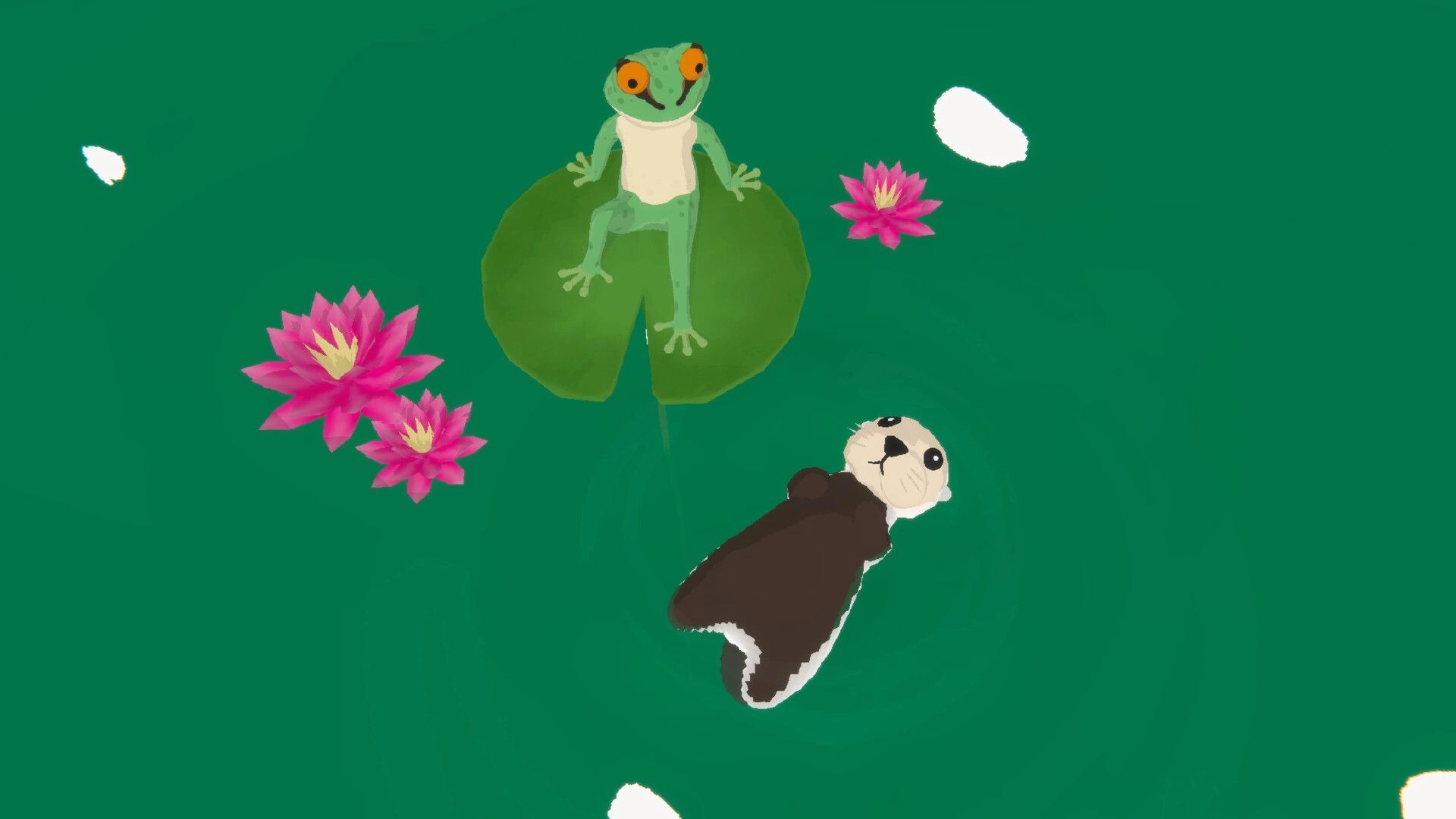 Otterly Lost: Otto floats beside a frog on a lily pad, surrounded by pink flowers in a tranquil pond.