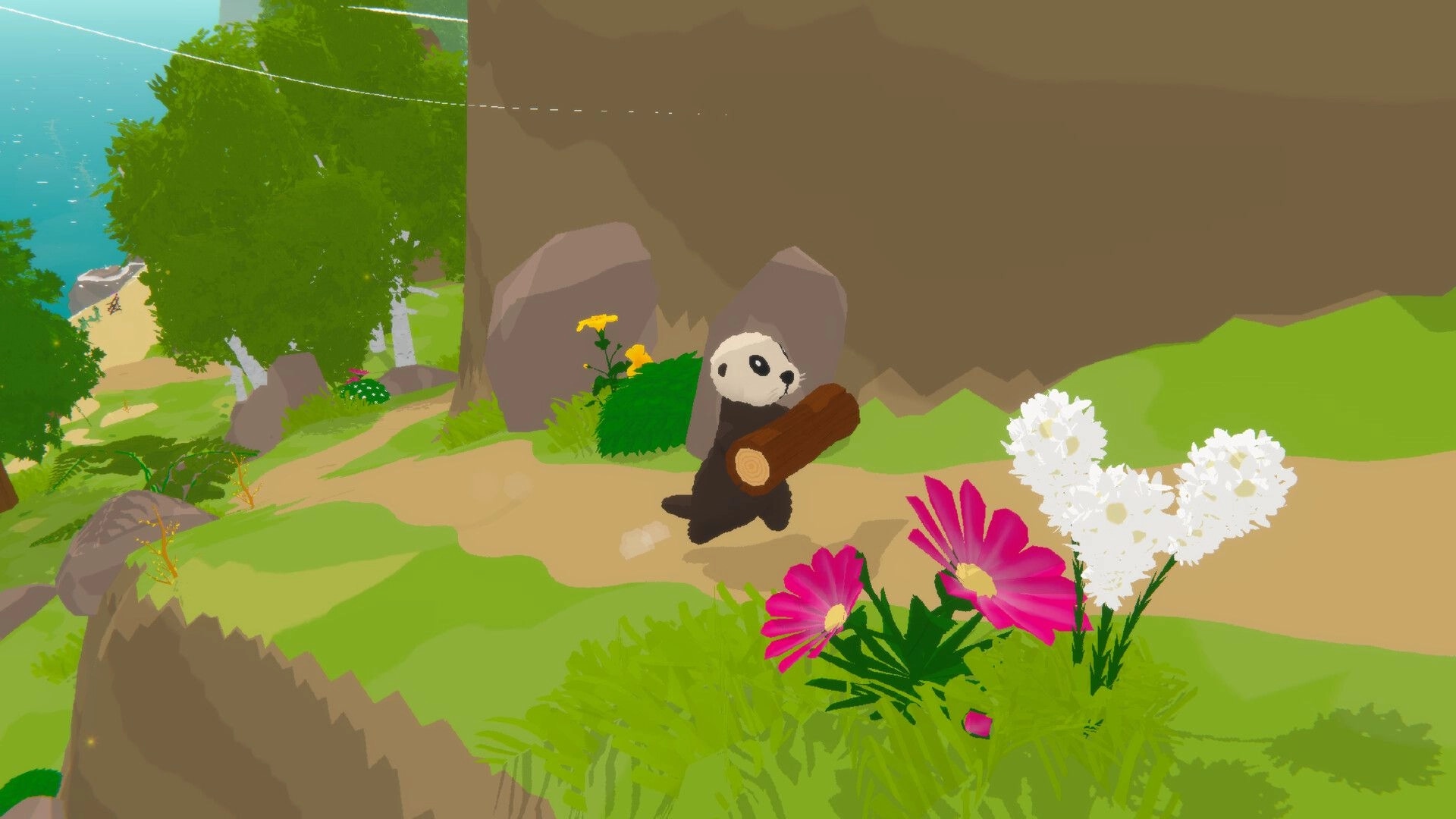 Otterly Lost: Otto carries a log through vibrant forest with colorful flowers and distant ocean views