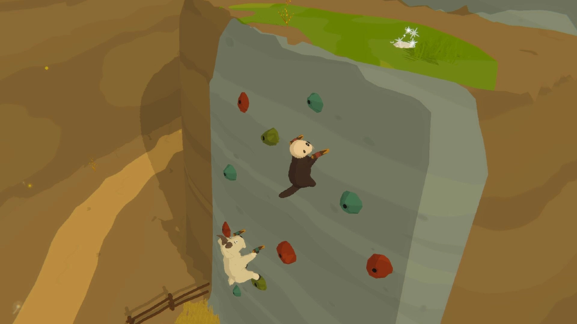 Otterly Lost: Otto and a friend climb a canyon wall with colorful grips in a rugged, rocky landscape.