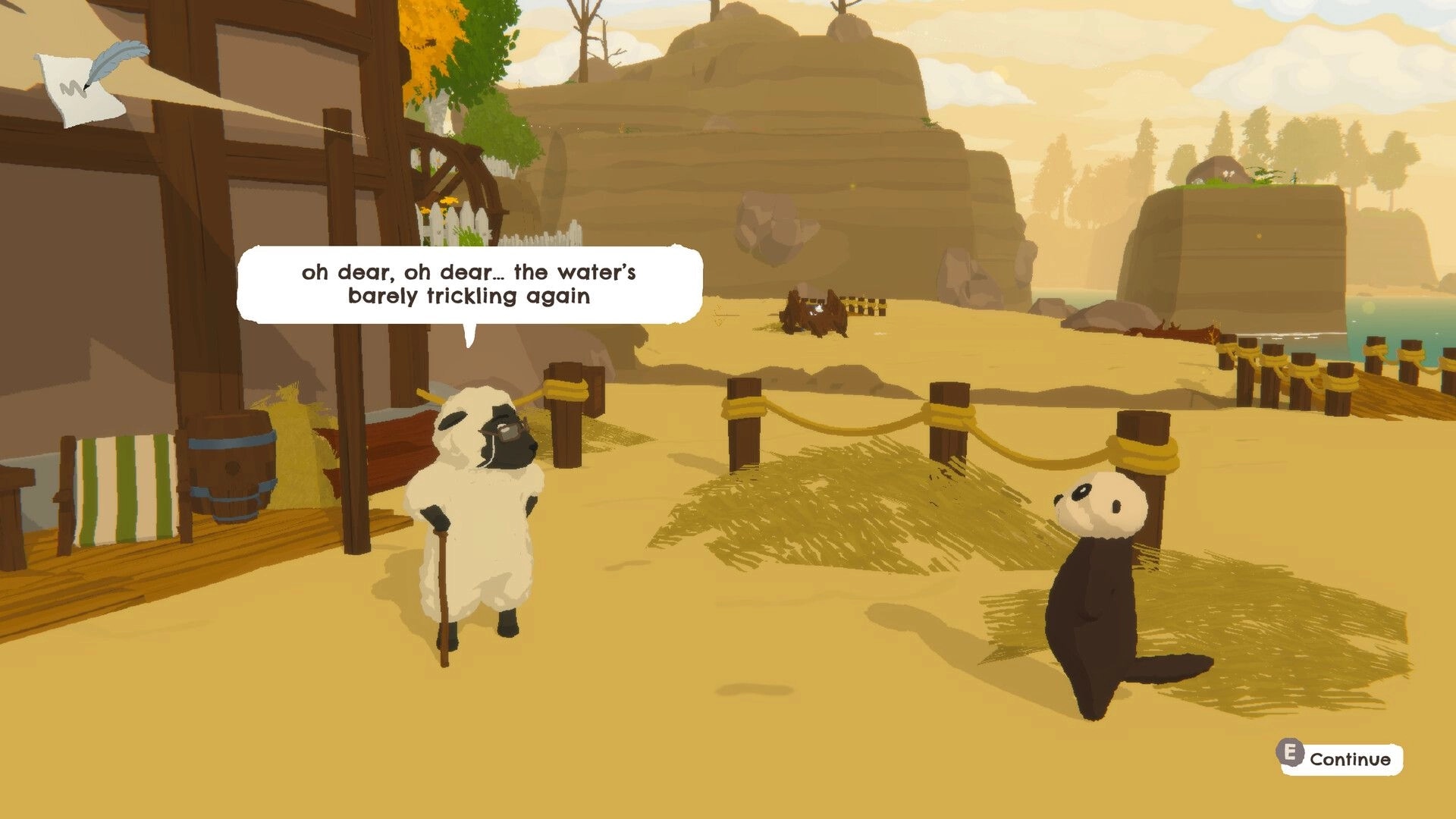 Otterly Lost: Otto converses with a sheep about water scarcity on a sunny beach near rocky cliffs