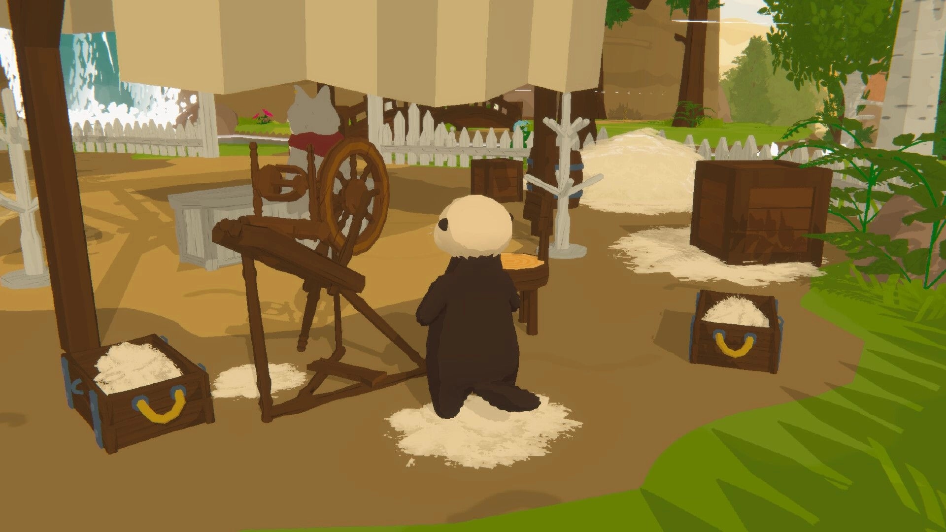 Otterly Lost: Otto at spinning wheel in a forest workshop with crates and a white cat in the background.