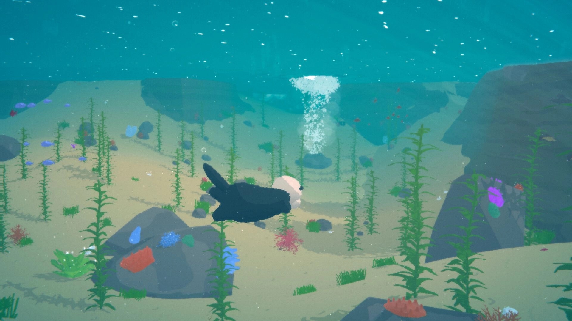 Otterly Lost: Otto swims through a vibrant underwater environment filled with plants and colorful rocks.
