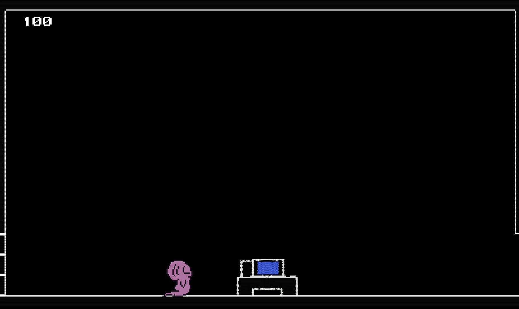 Our Dreadling: Pink dreadling approaches a computer in a minimalist black room with a score of 100.