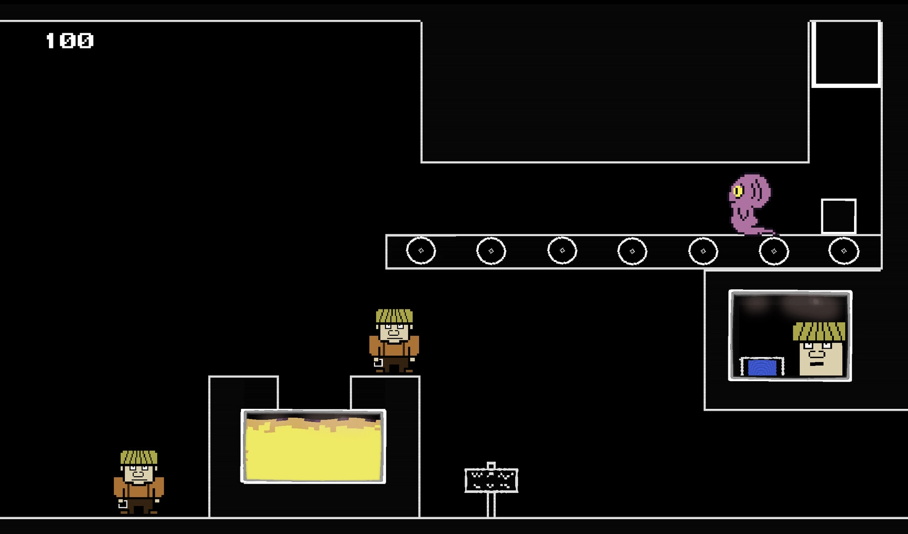 Our Dreadling: Character navigates platforms with a purple creature above in a dark, minimalist setting