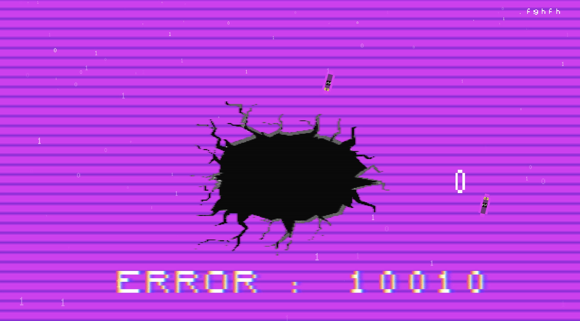 Our Dreadling: Pink dreadling falling into a dark void on glitchy purple screen with error code 10010