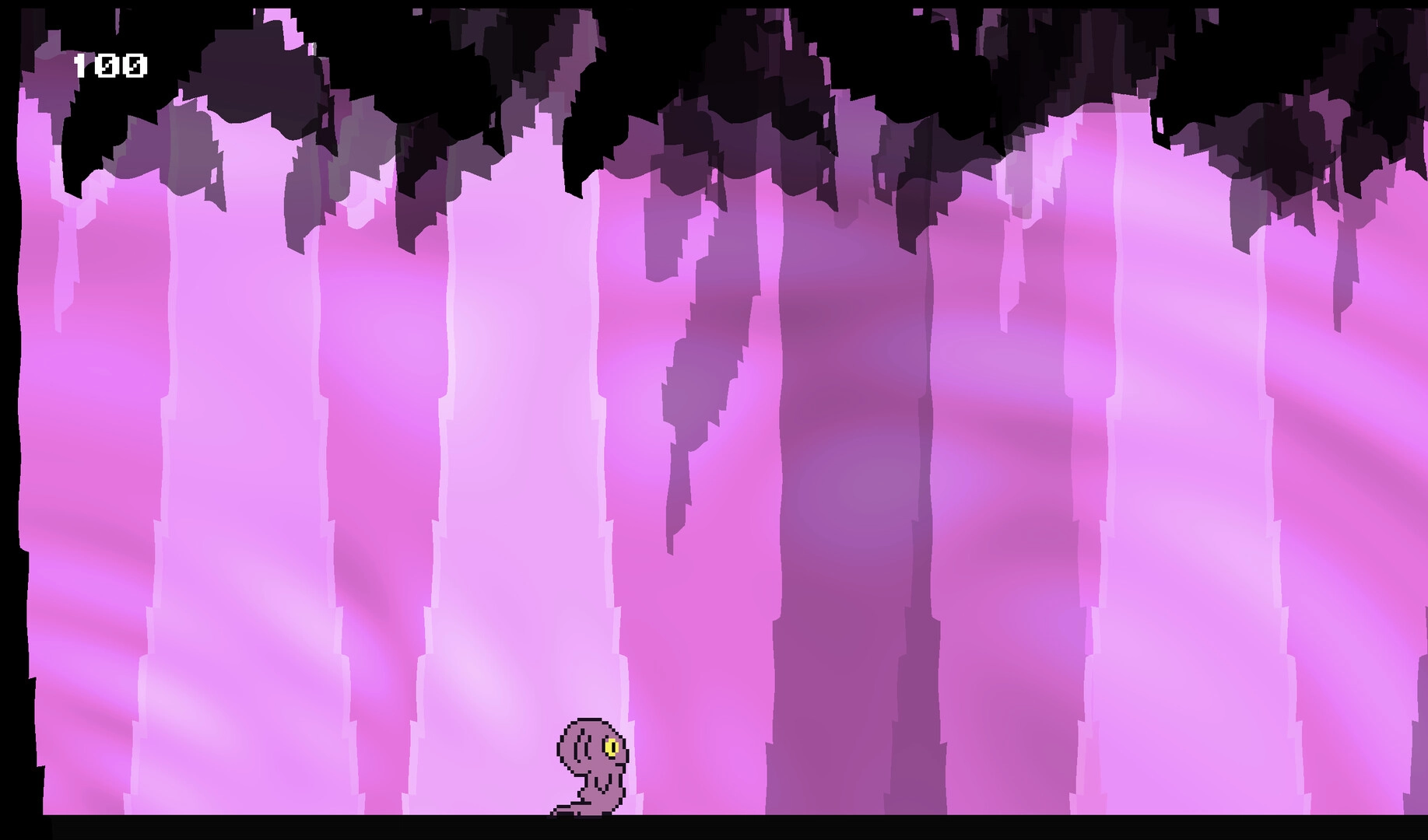 Our Dreadling: Small pink creature exploring a cavern with tall, textured purple walls in background.