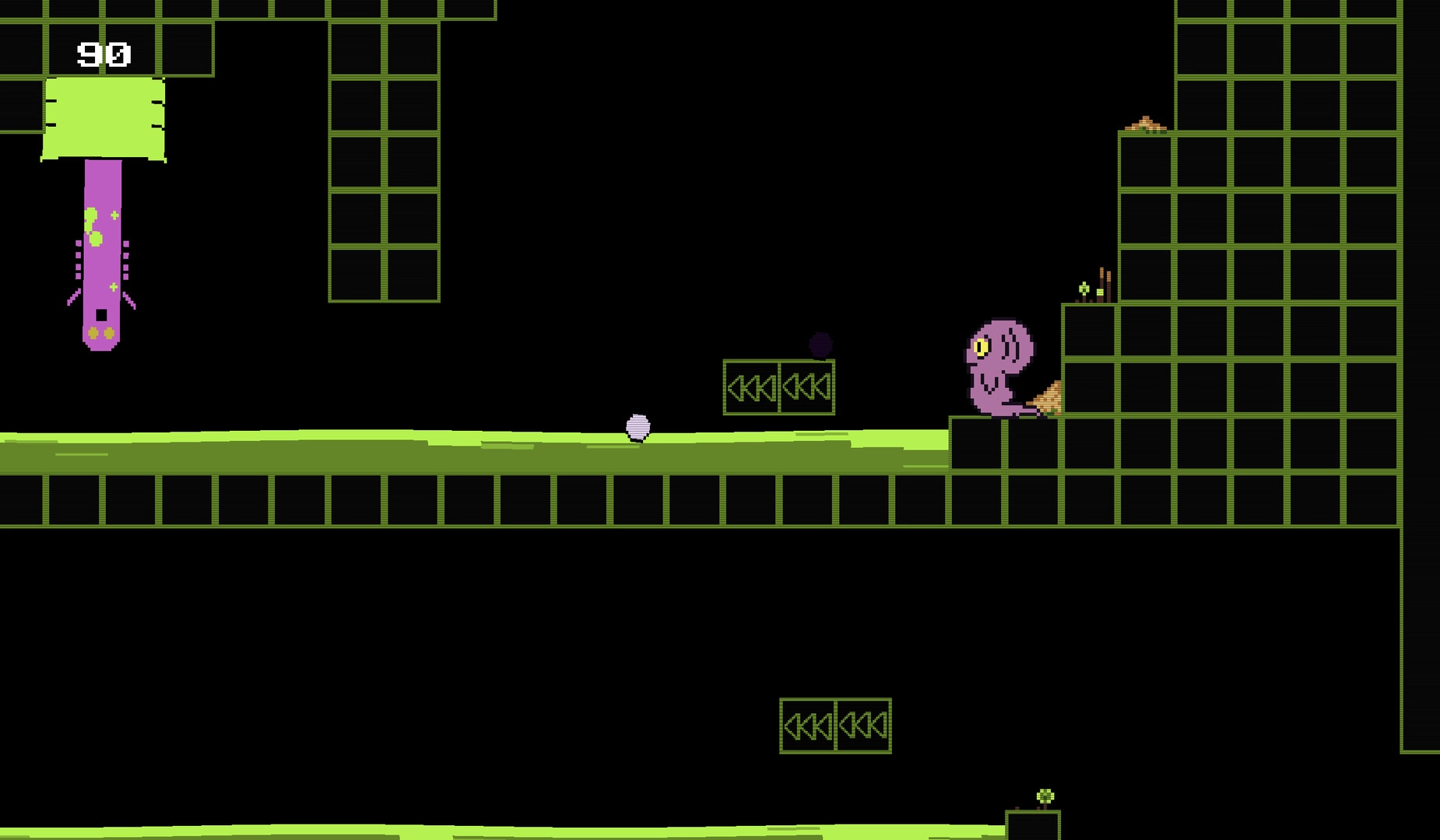 Our Dreadling: Pink creature confronts enemy in pixelated platform with green blocks and score display