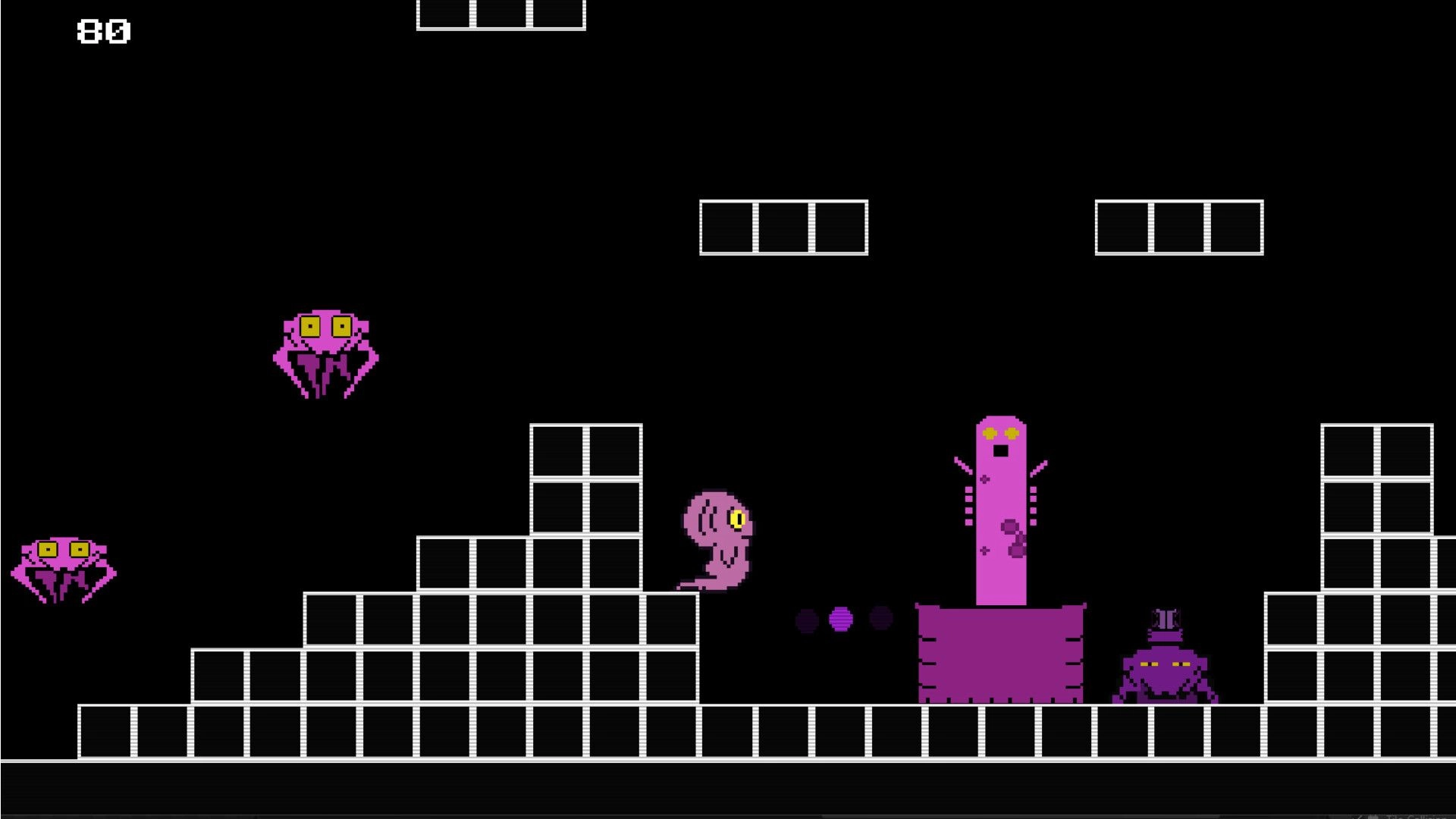 Our Dreadling: Pink dreadling jumps on block platform, avoiding enemies in a minimalist dark world.
