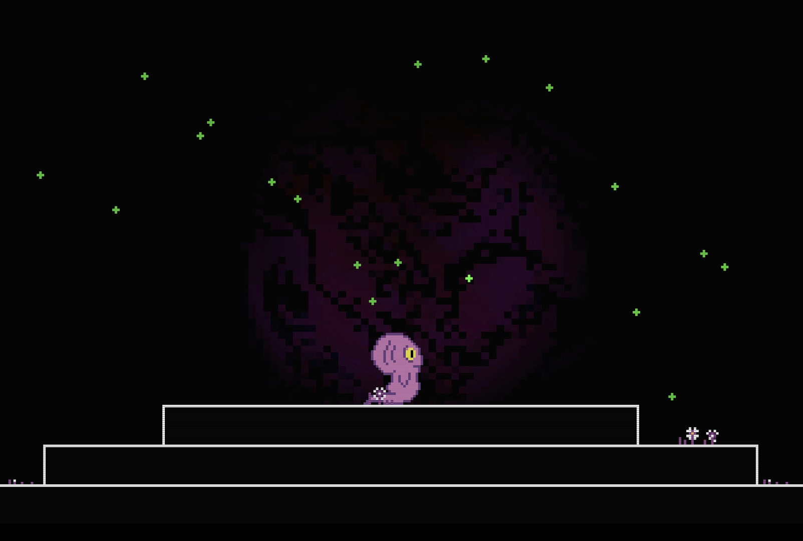 Our Dreadling: Pink dreadling explores tiered platforms under a starry sky in a dark, mysterious world.