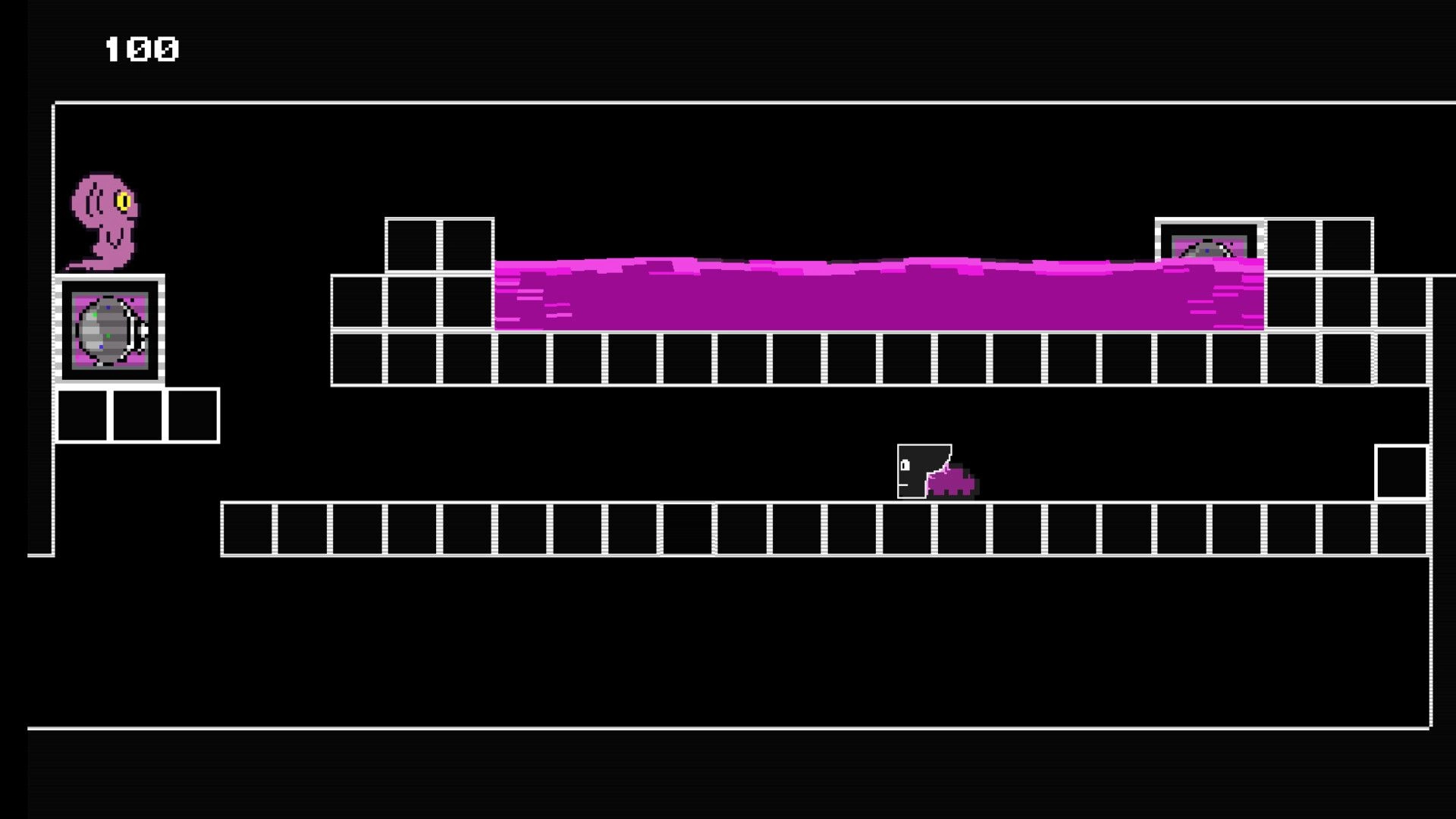 Our Dreadling: Pink creature navigates platformer level with purple liquid and score displayed at top left