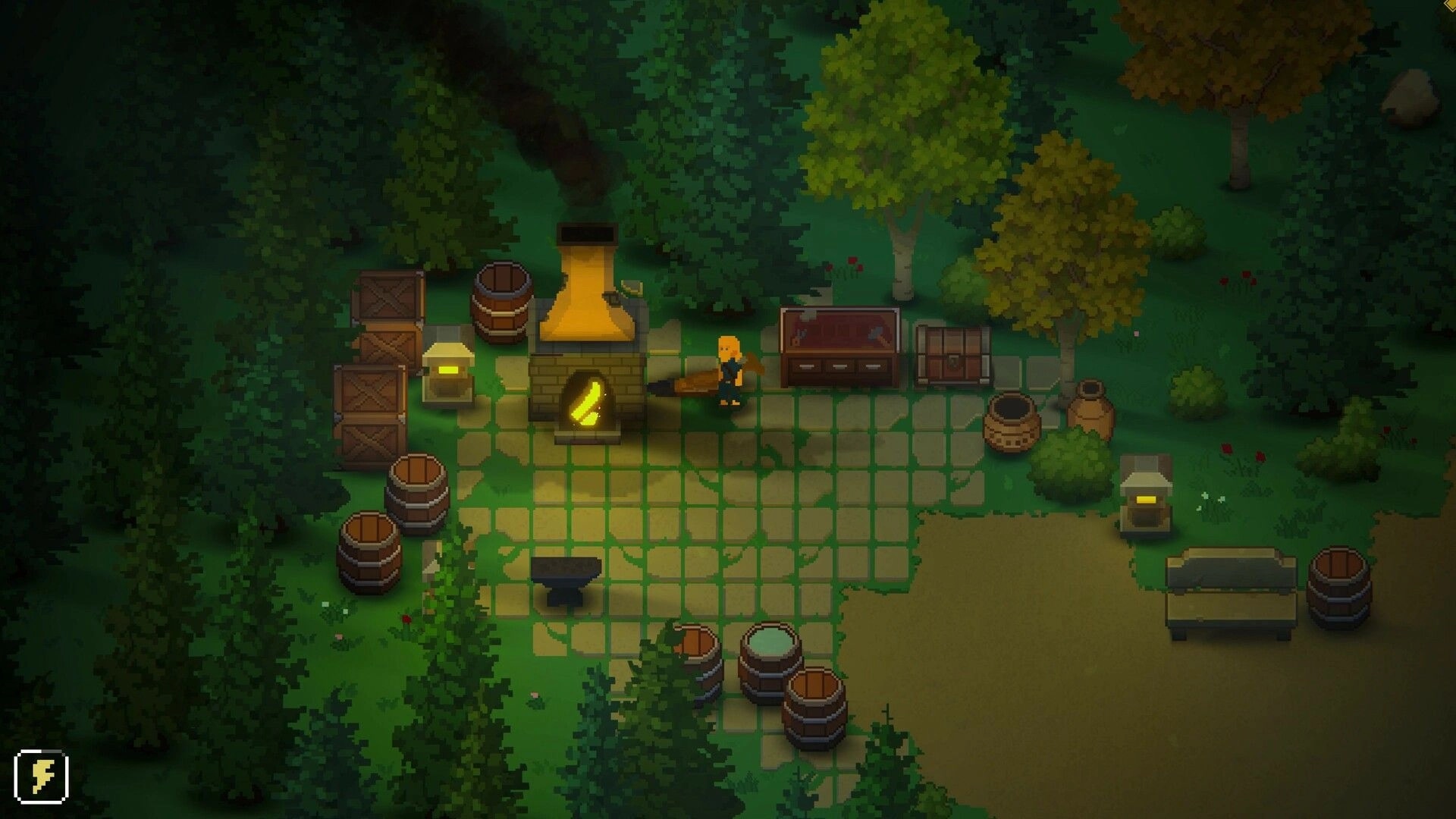 Our Freedom: Character forging weapon at furnace in forest clearing surrounded by crates and barrels