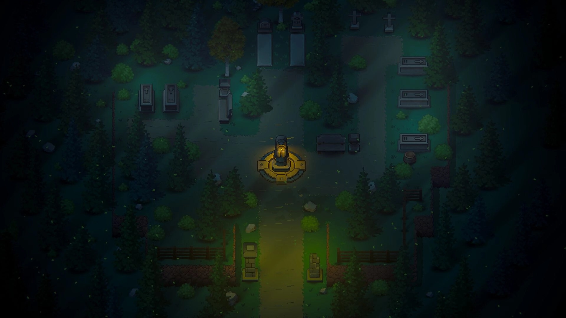 Our Freedom: Illuminated statue in a dark forest graveyard surrounded by trees and gravestones