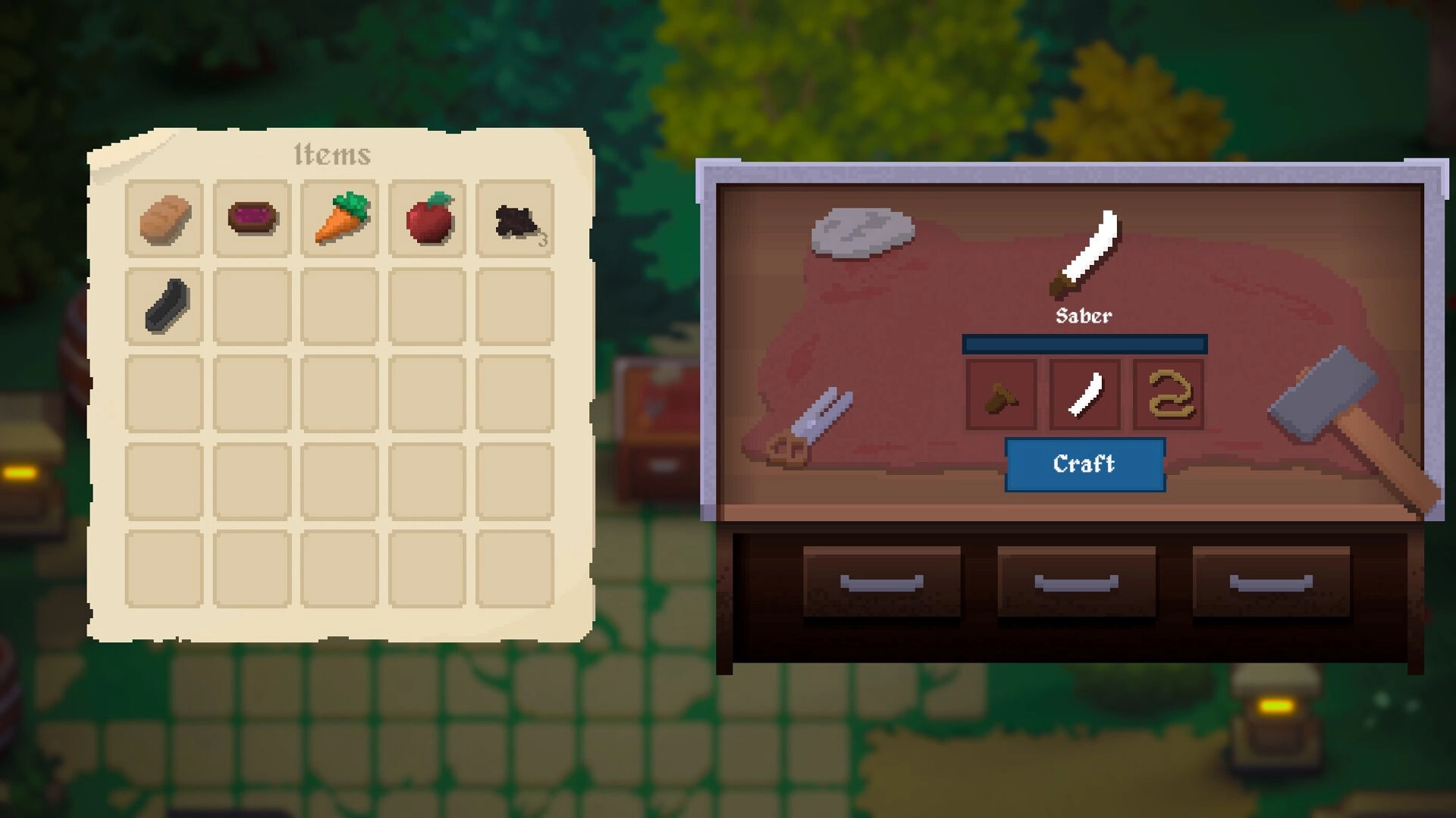 Our Freedom: Crafting saber in workshop with visible item inventory and selected materials