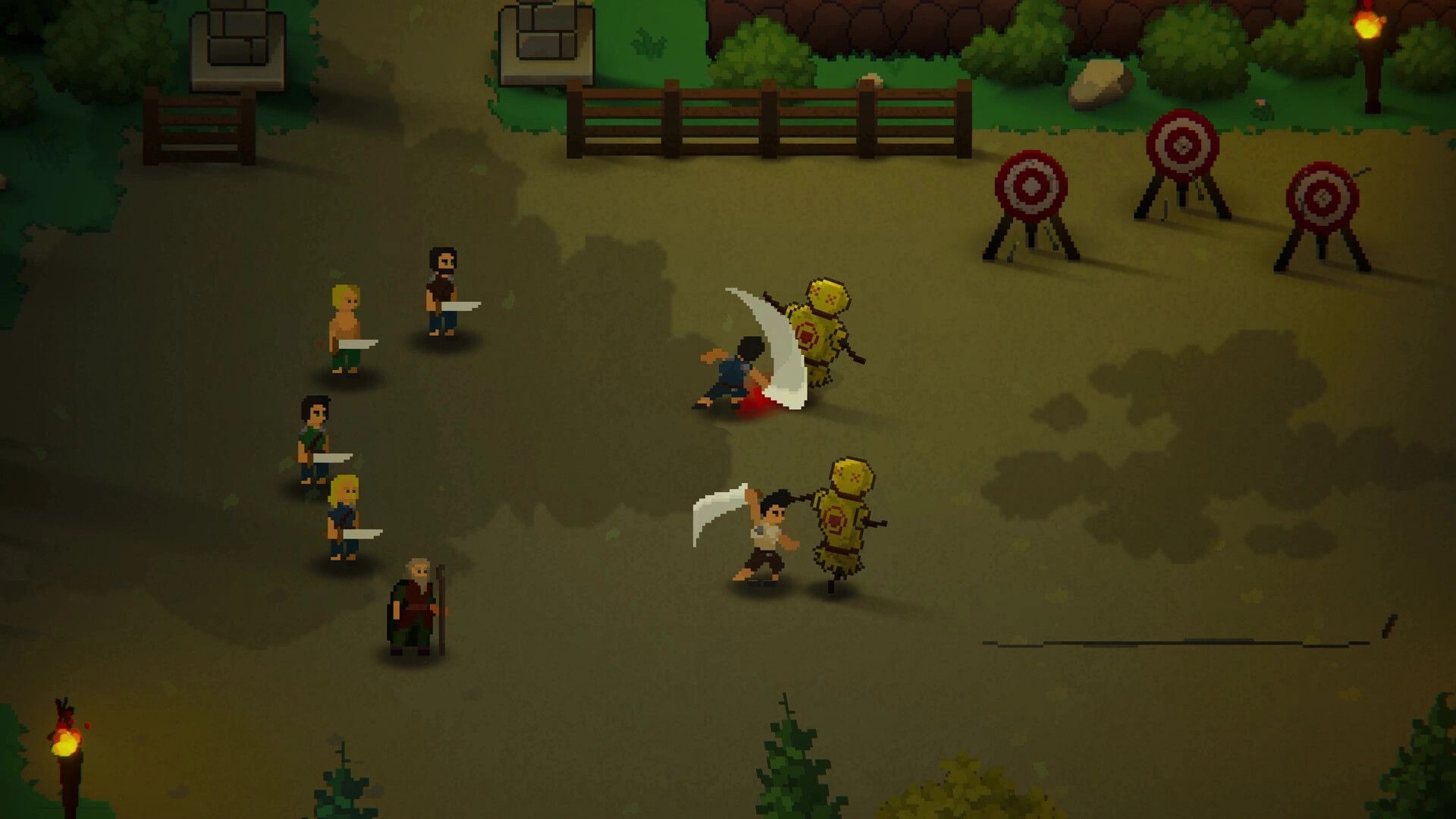 Our Freedom: Villagers practicing combat with dummies in a fenced courtyard with targets nearby
