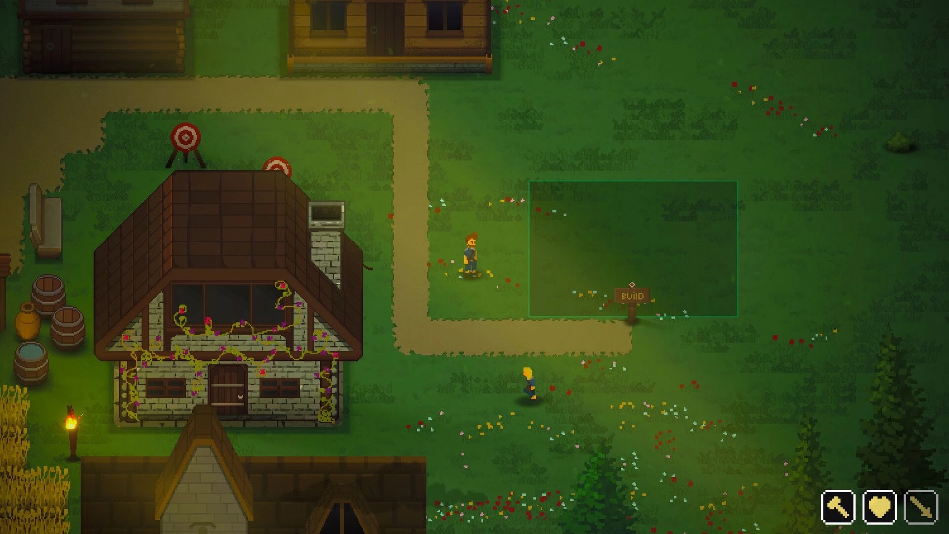 Our Freedom: Two villagers near a house with targets and a path, building area marked in green grass.
