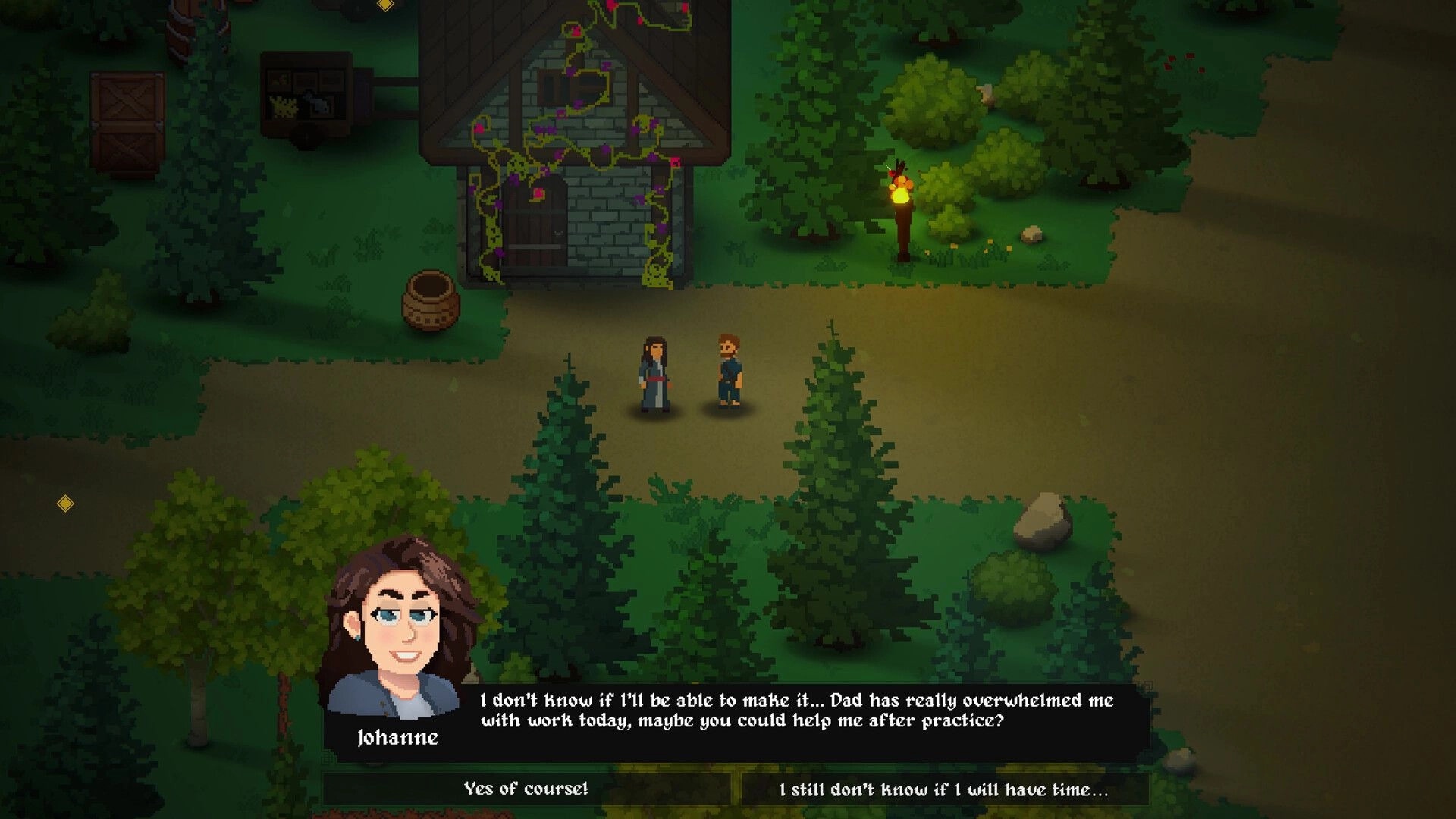 Our Freedom: Johanne converses with another character outside a house, surrounded by trees and lantern.