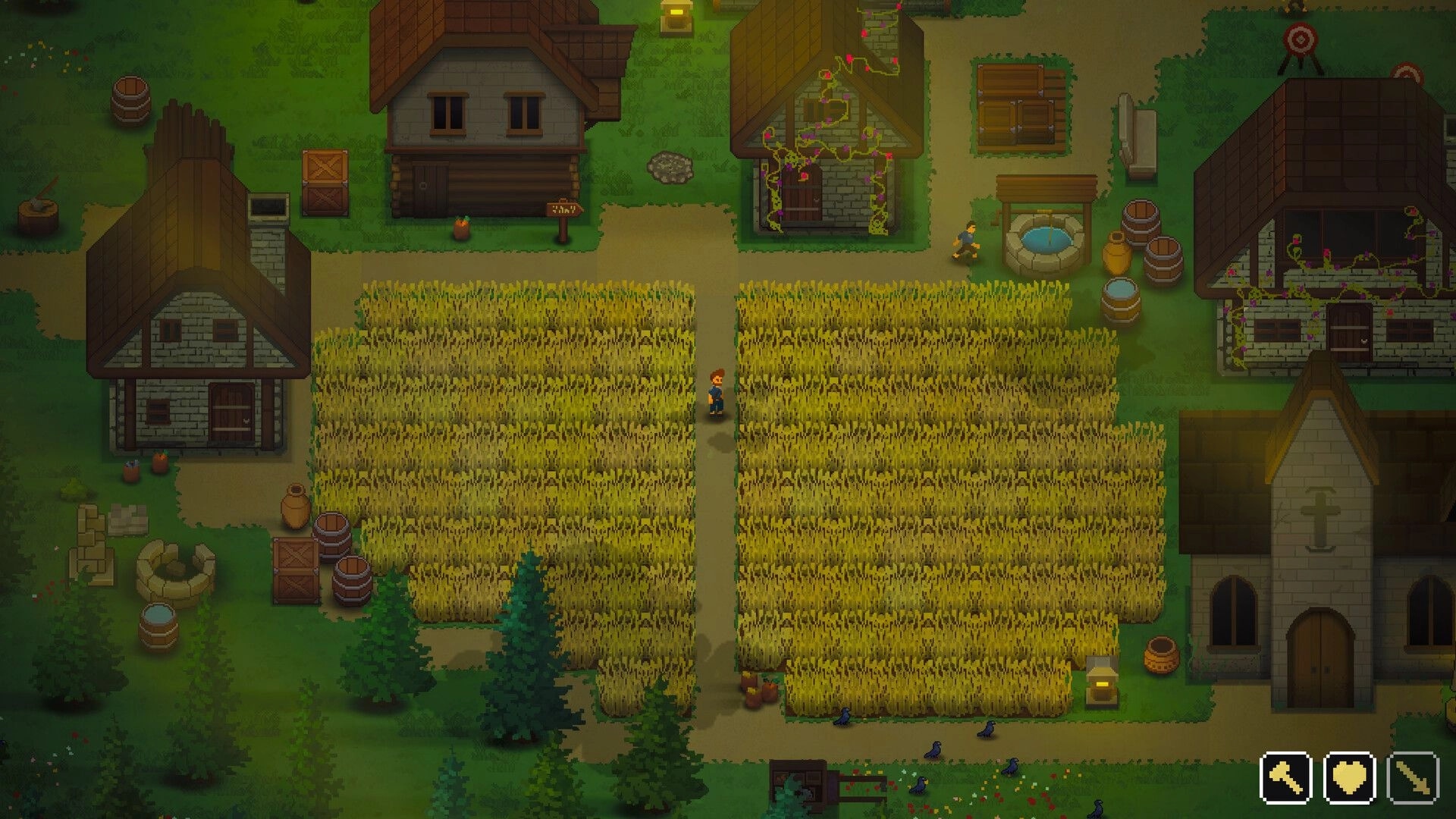 Our Freedom: Character walking through a village with wheat fields, houses, and UI icons in view