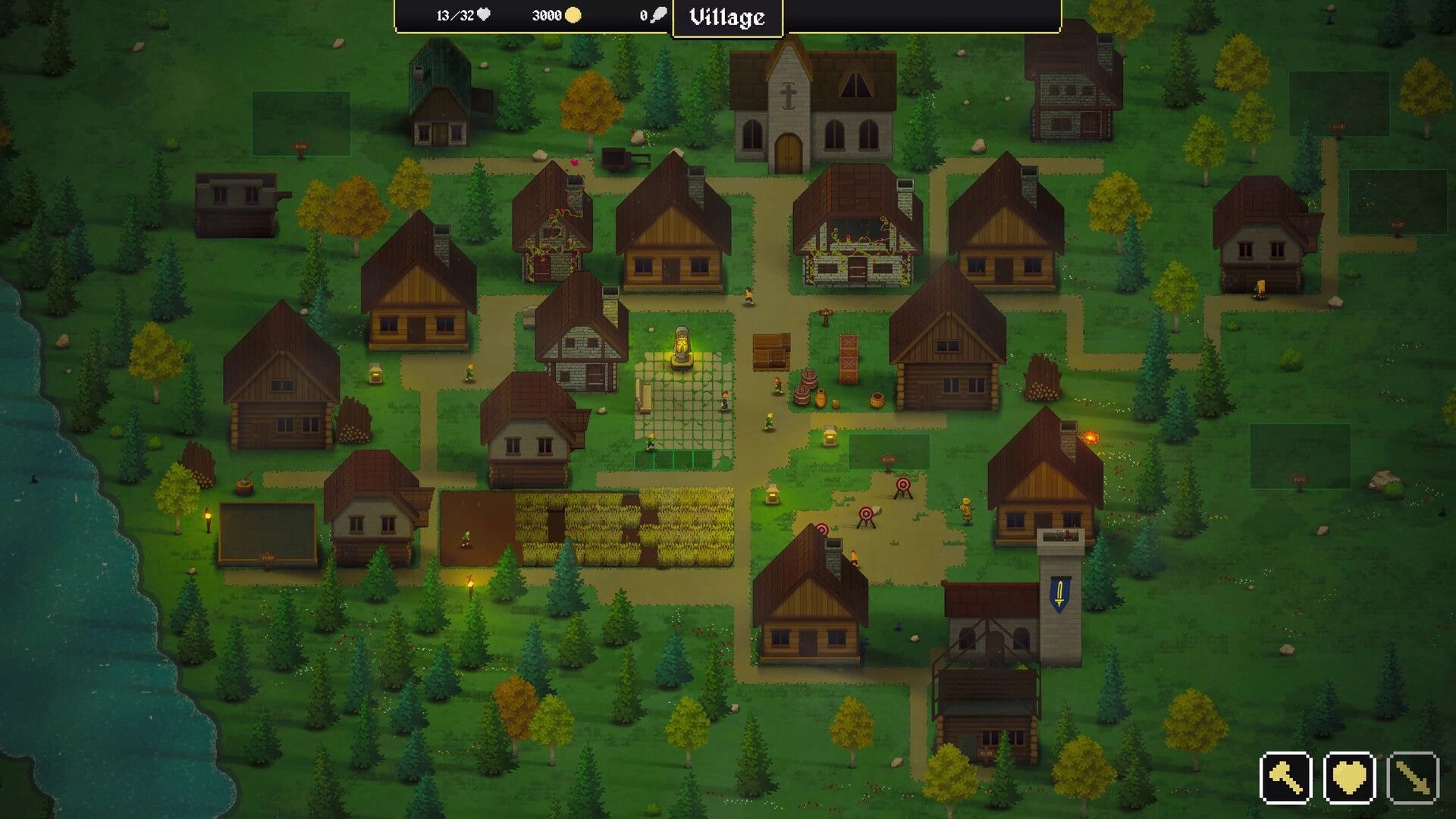 Our Freedom: Village overview with multiple buildings, central statue, and nature surroundings