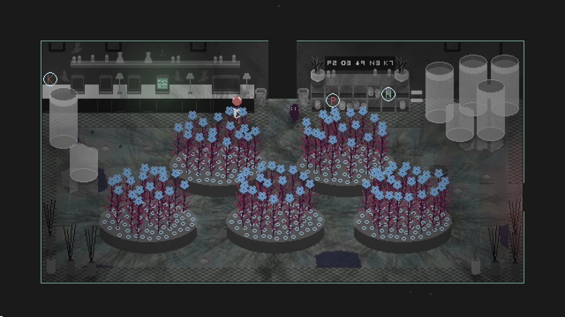 Our Metal Bowl: Character and robot companion explore flower-filled greenhouse with lab equipment visible.