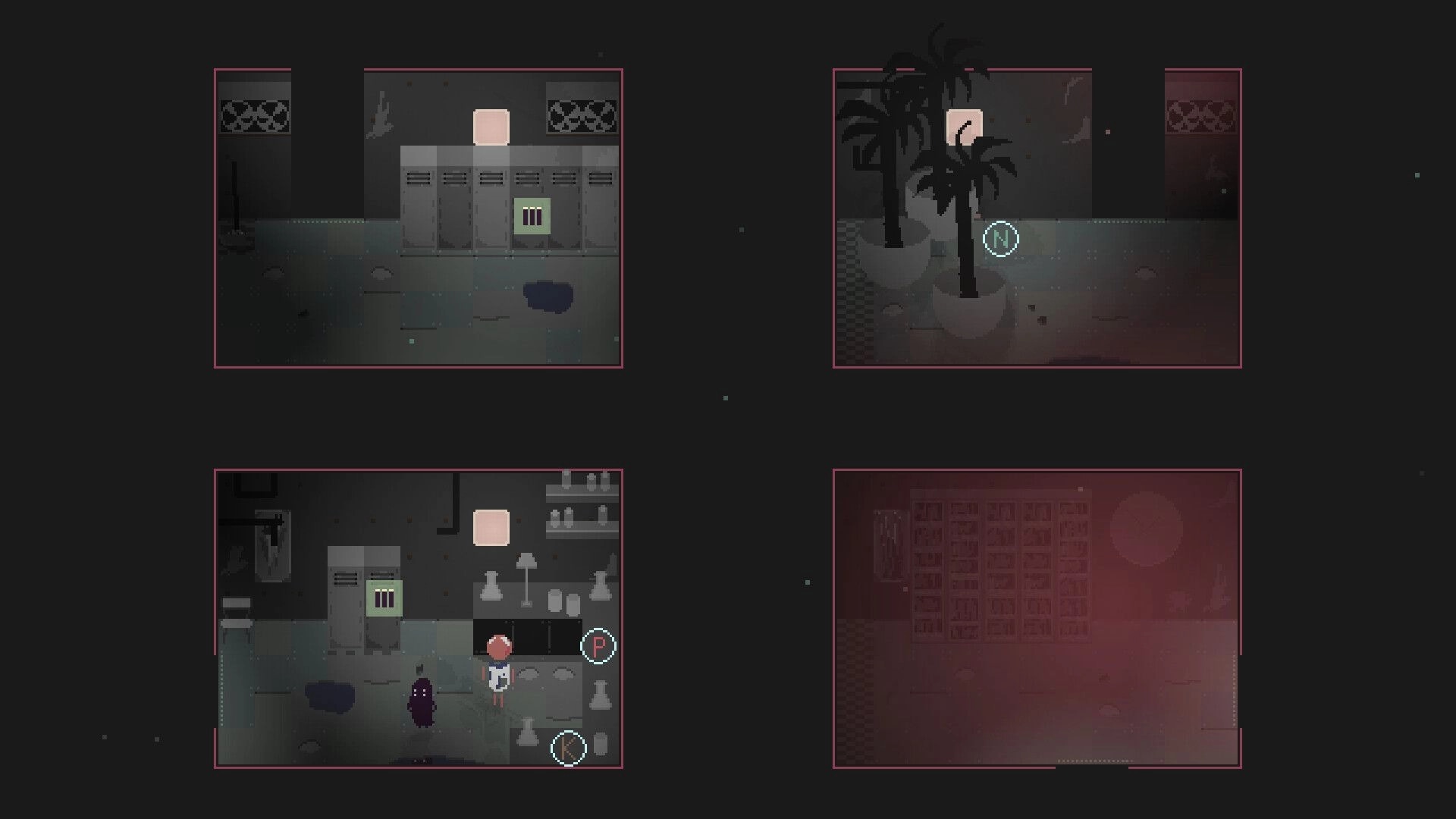 Our Metal Bowl: Character explores dimly lit rooms with lockers, plants, and shelves in a grid layout.