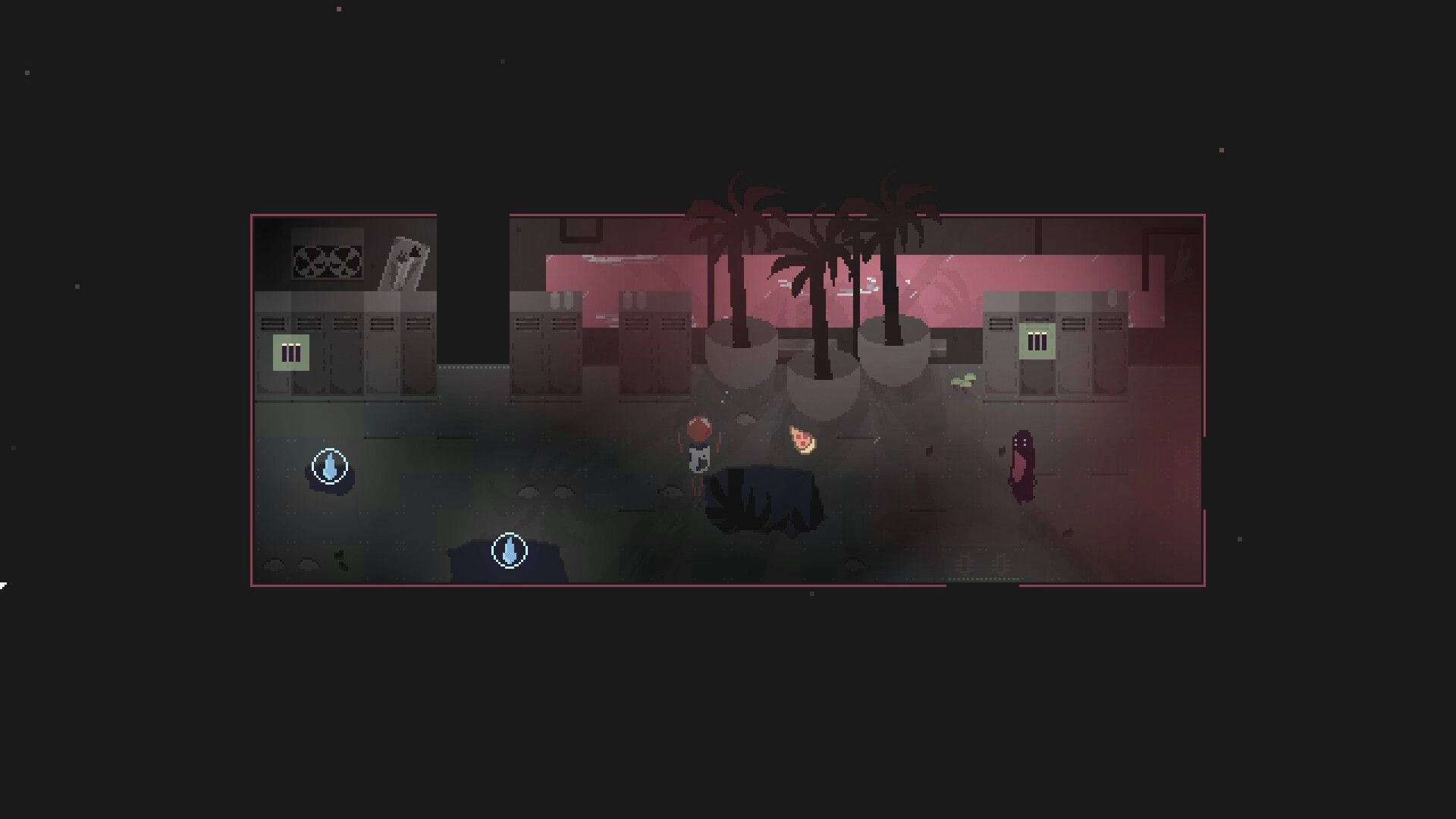 Our Metal Bowl: Player explores dim room with lockers, potted trees, and mysterious floating icons