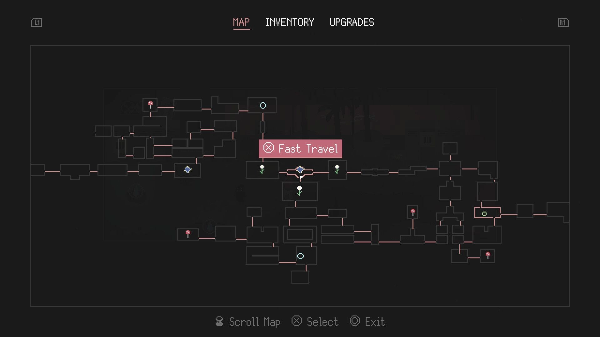 Our Metal Bowl: Map interface displaying fast travel options and interconnected pathways in a dark setting.