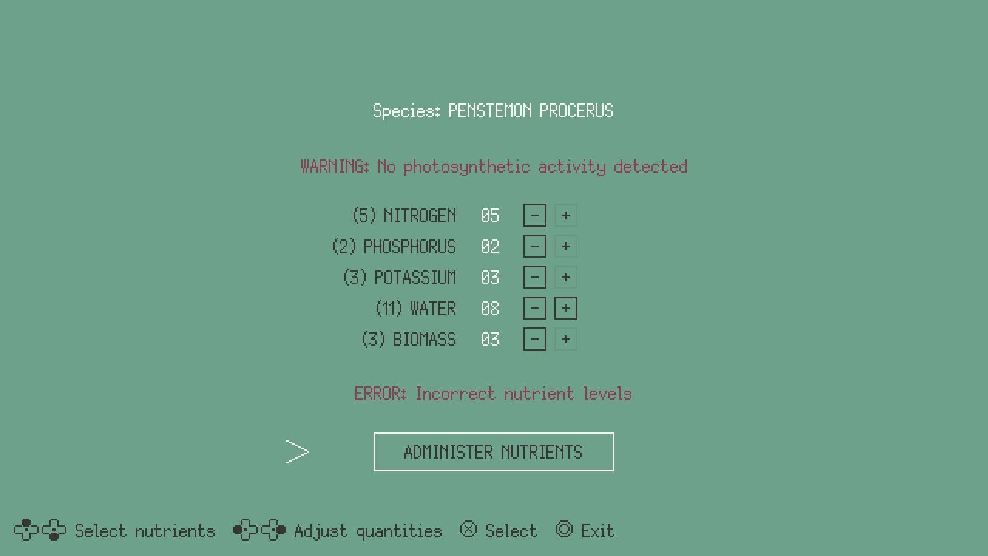 Our Metal Bowl: Nutrient adjustment menu with error warning in greenhouse restoration interface