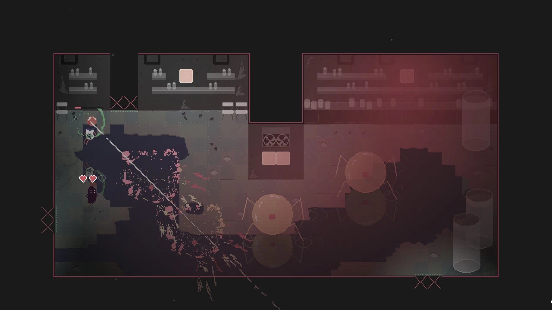 Our Metal Bowl: Player and robot companion explore dark room with shadowy figures and heart icons visible