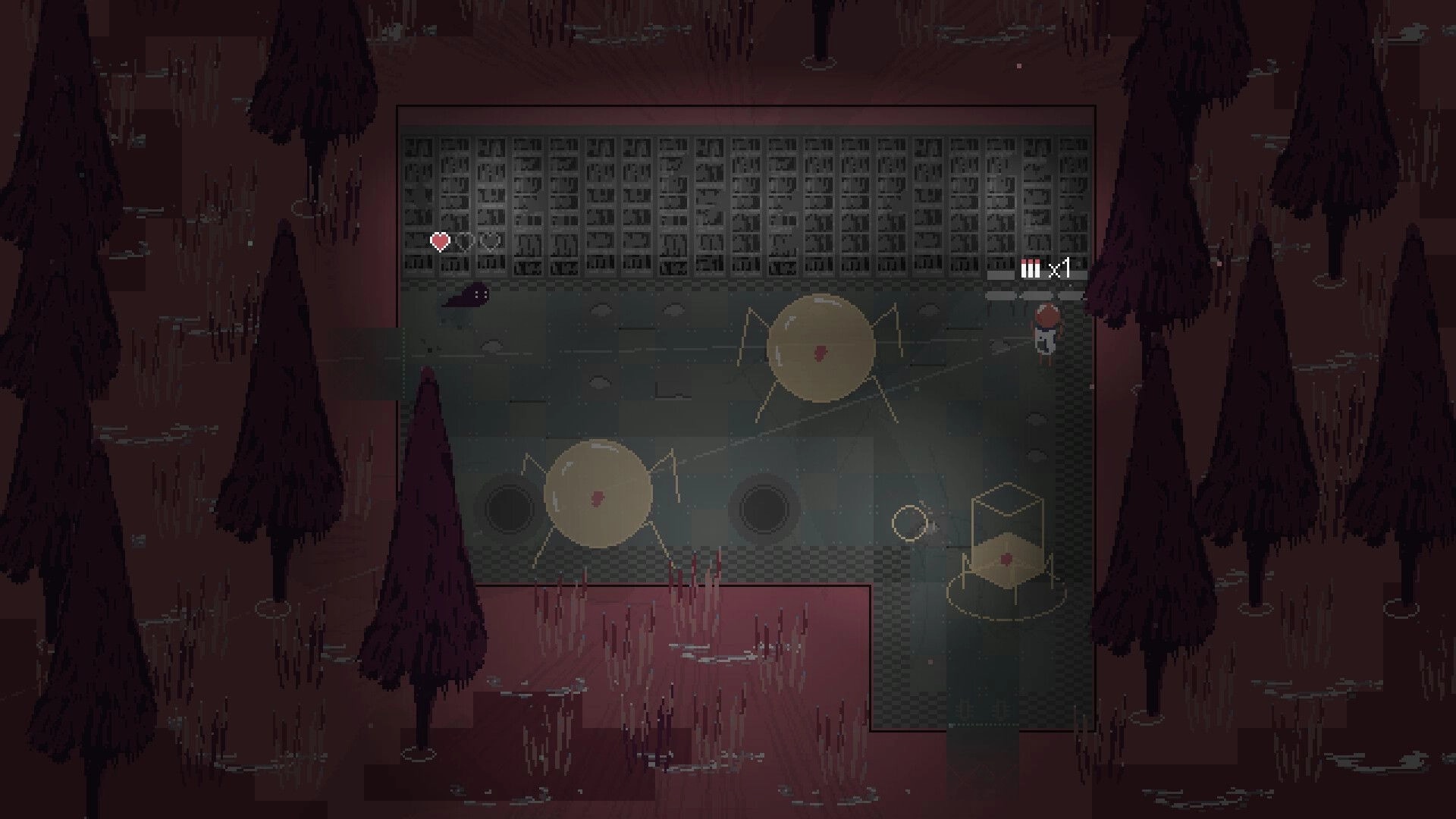 Our Metal Bowl: Player explores dark forest with robot companion and health bar visible in corner.
