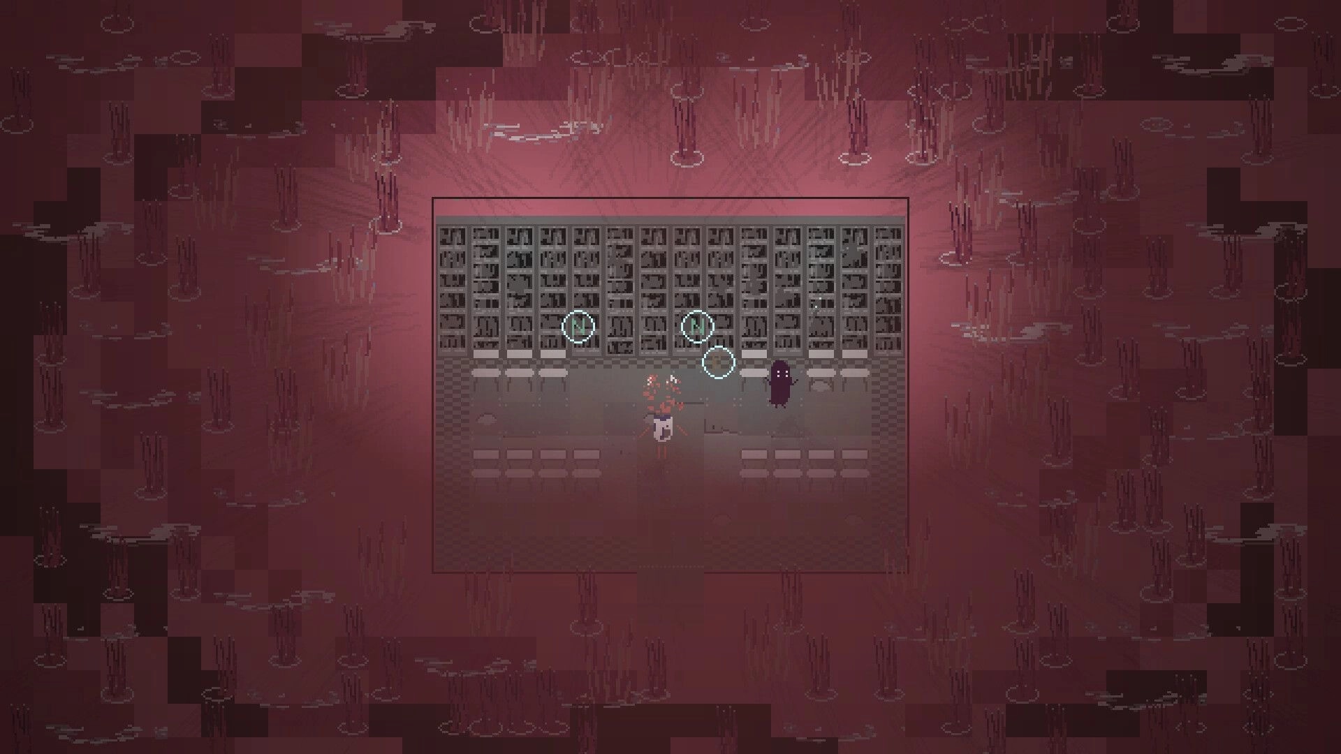Our Metal Bowl: Character and robot companion explore a dark room with shelves in a red-hued environment