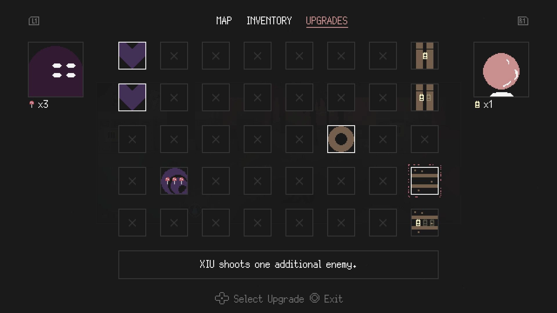 Our Metal Bowl: Upgrade menu with items, showing "XIU shoots one additional enemy" description.