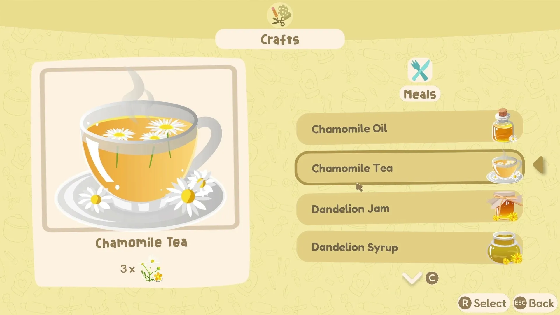 Out and About: Crafting menu highlighting Chamomile Tea recipe in cozy foraging adventure setting.