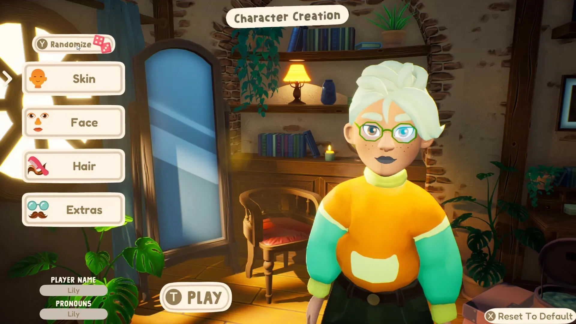 Out and About: Character creation screen with options for skin, face, hair, and extras in cozy room