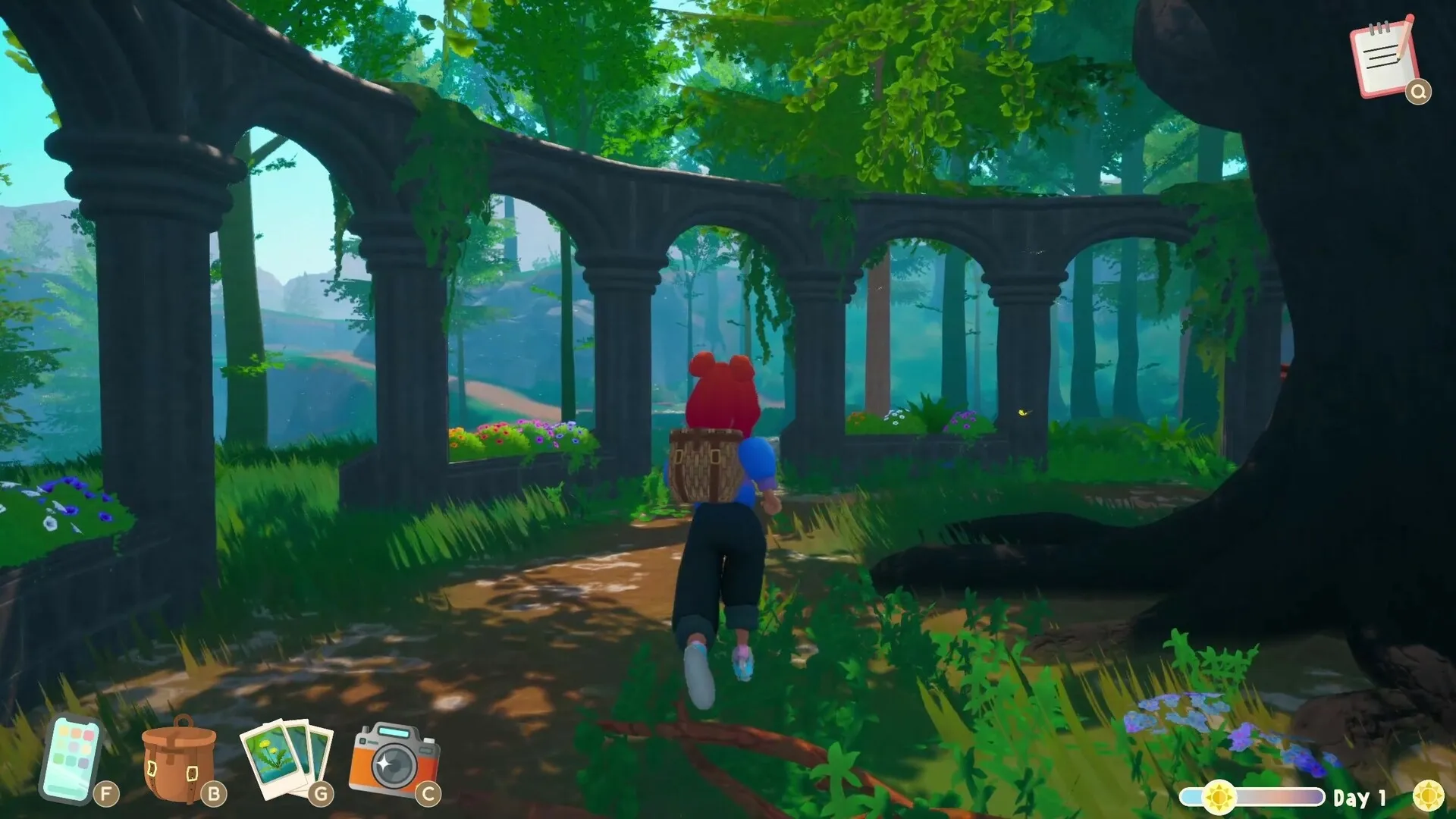 Out and About: Character explores lush forest ruins with inventory icons visible at the screen's bottom.