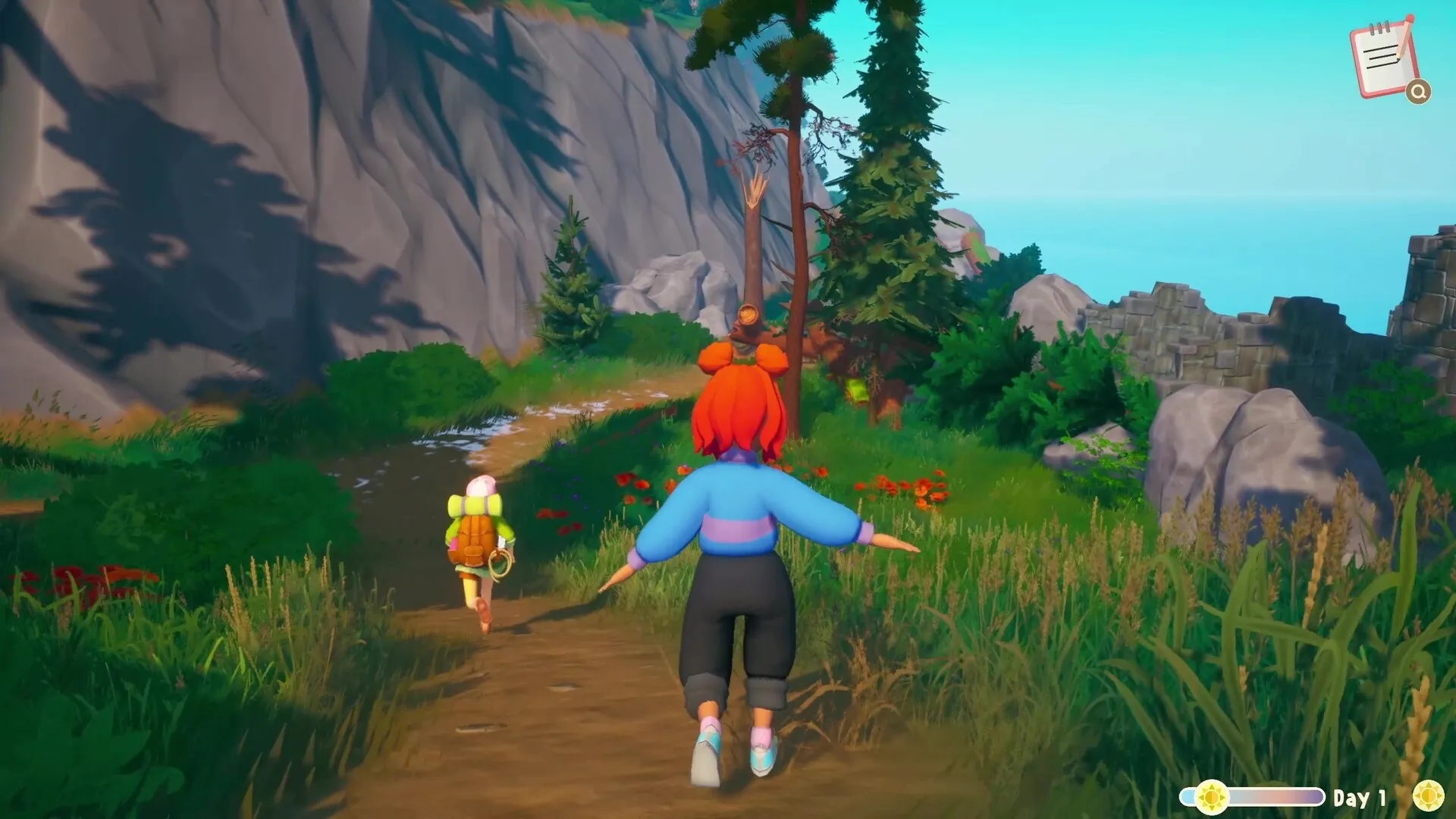 Out and About: Two characters exploring a lush forest path, with a notebook icon and Day 1 indicator.
