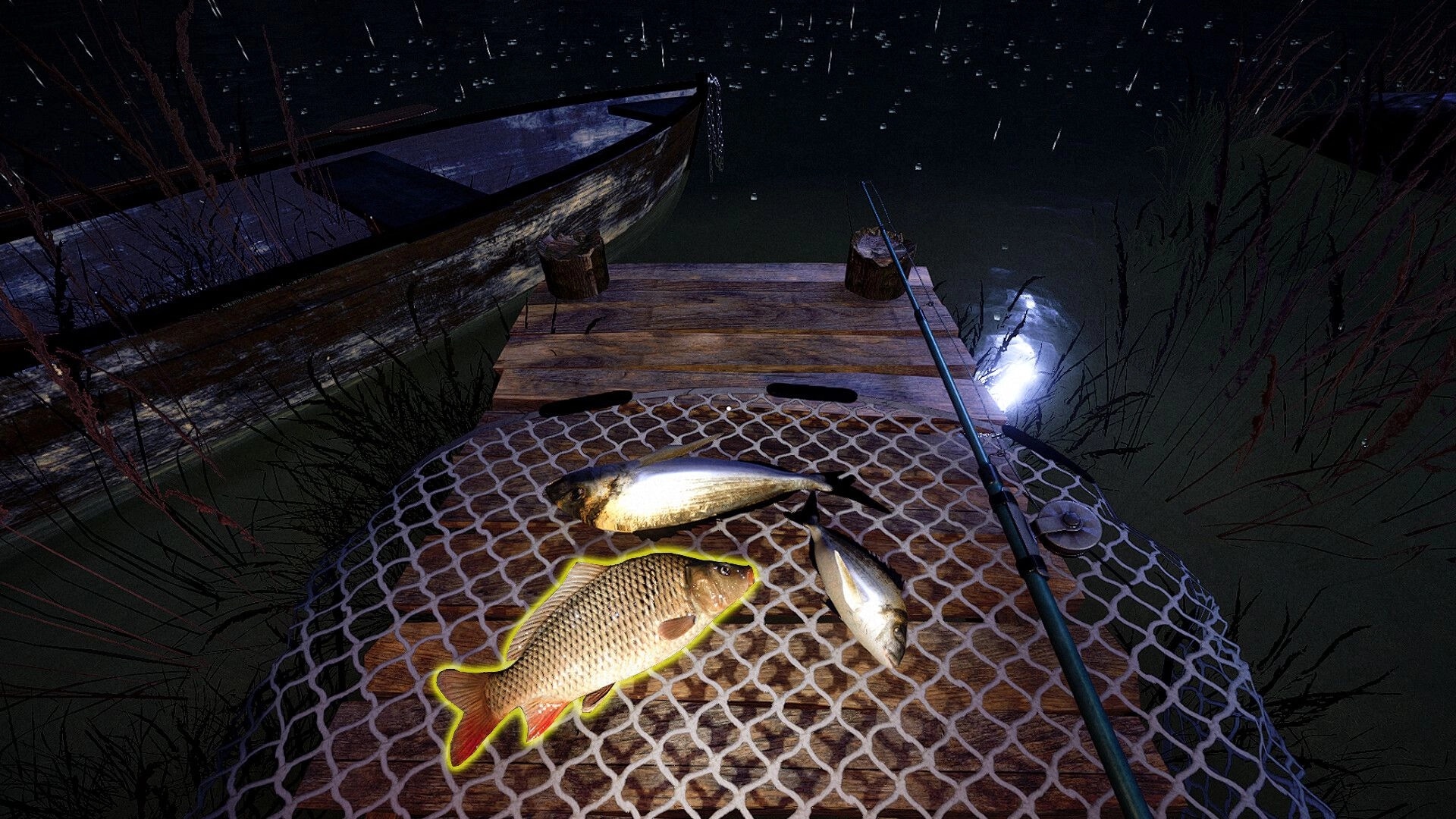 Out Fishing: Three fish on a net-covered wooden dock next to a boat under a dark, starry night sky