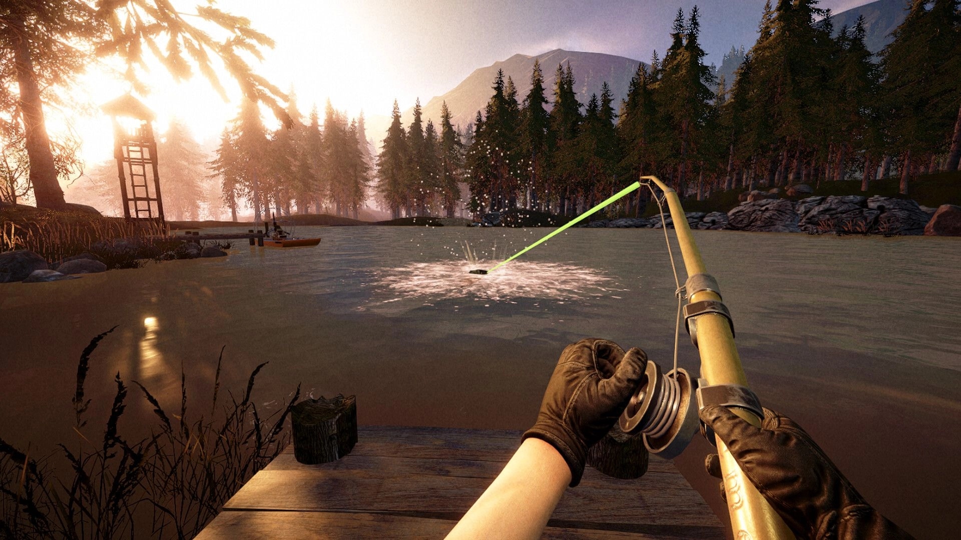 Out Fishing: Player reeling in a catch at sunset by a forested lake with a distant boat and watchtower