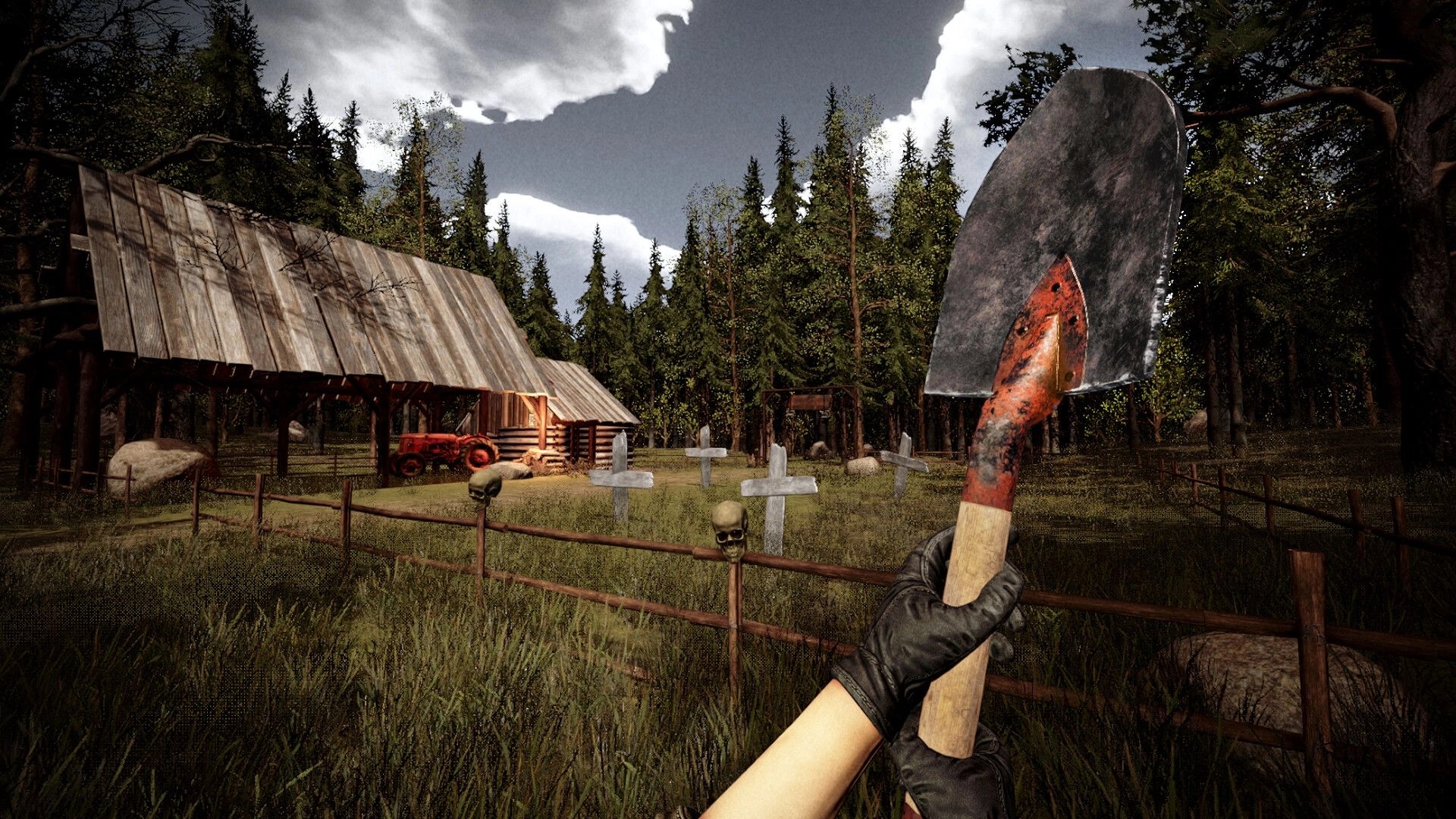 Out Fishing: Player holds a shovel near eerie graveyard beside a wooden cabin in a haunted forest