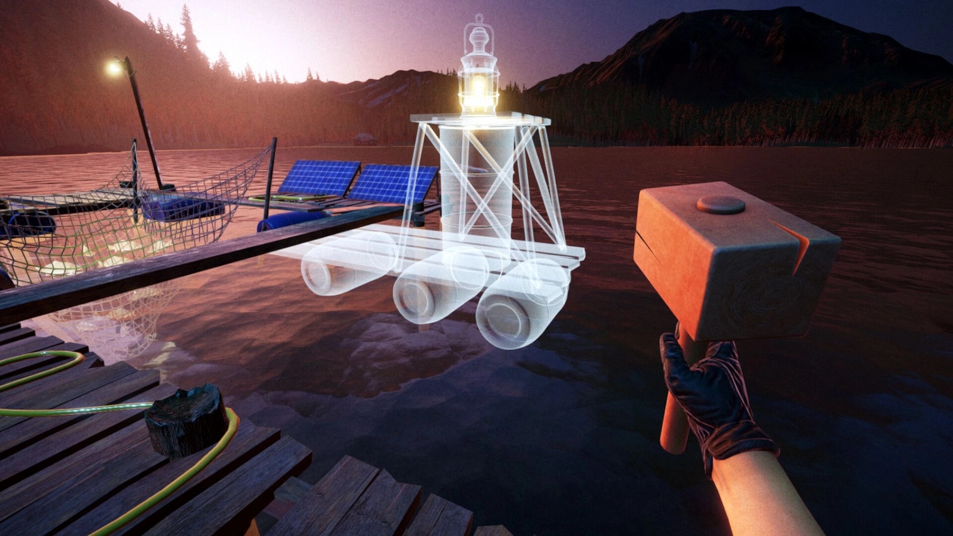 Out Fishing: Player holding a hammer, constructing a floating platform at sunset on a haunted lake