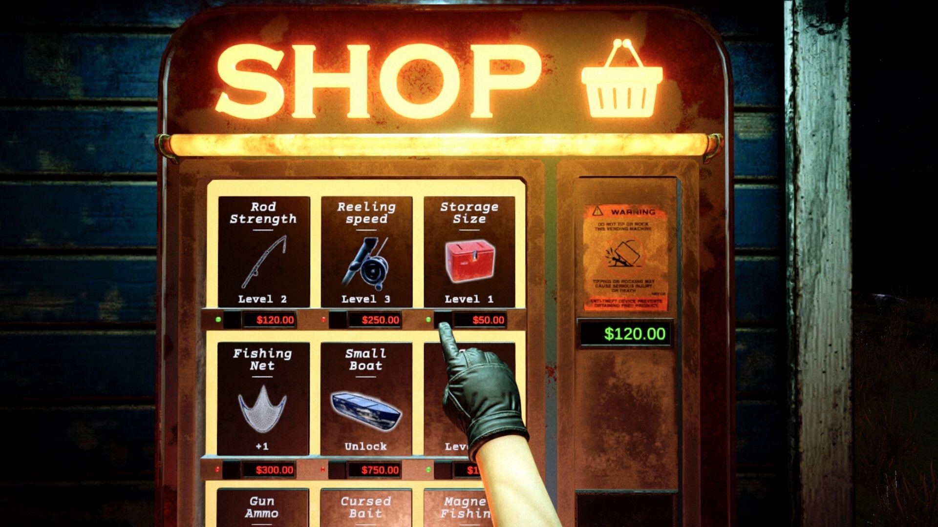 Out Fishing: Player browses upgrade options in a dimly lit shop, selecting items to enhance fishing gear.