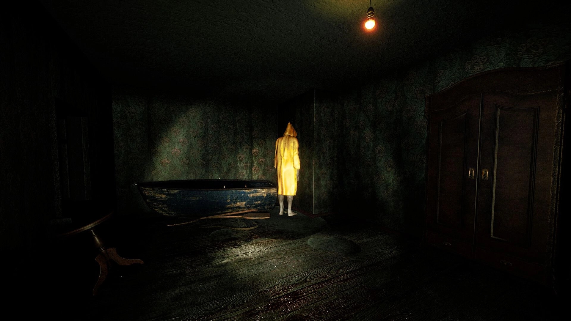 Out Fishing: Character in yellow raincoat stands in dimly lit room with bathtub and wooden wardrobe.