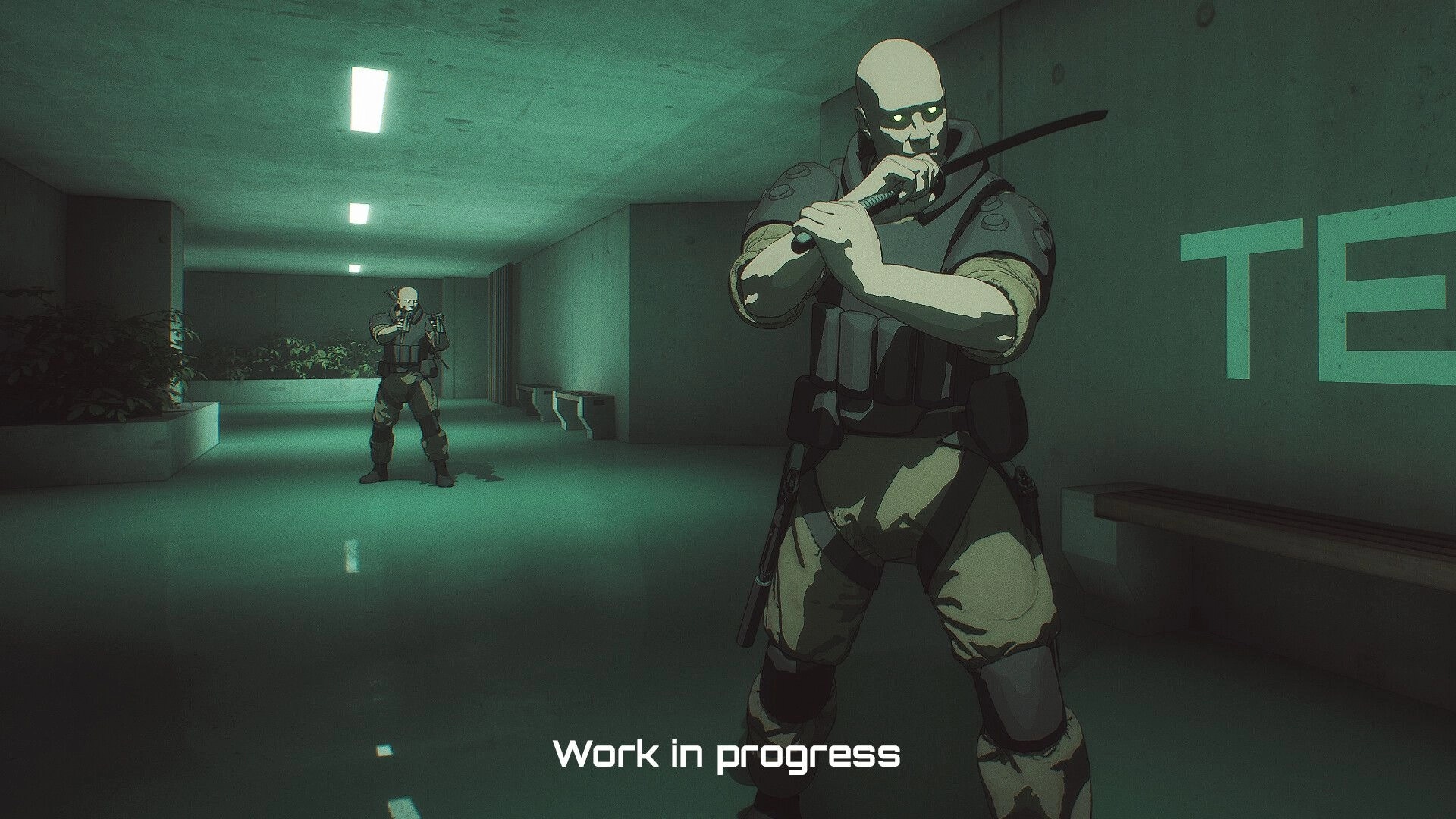 Out of Action: Two armored characters in tense standoff in dimly lit, concrete hallway setting.