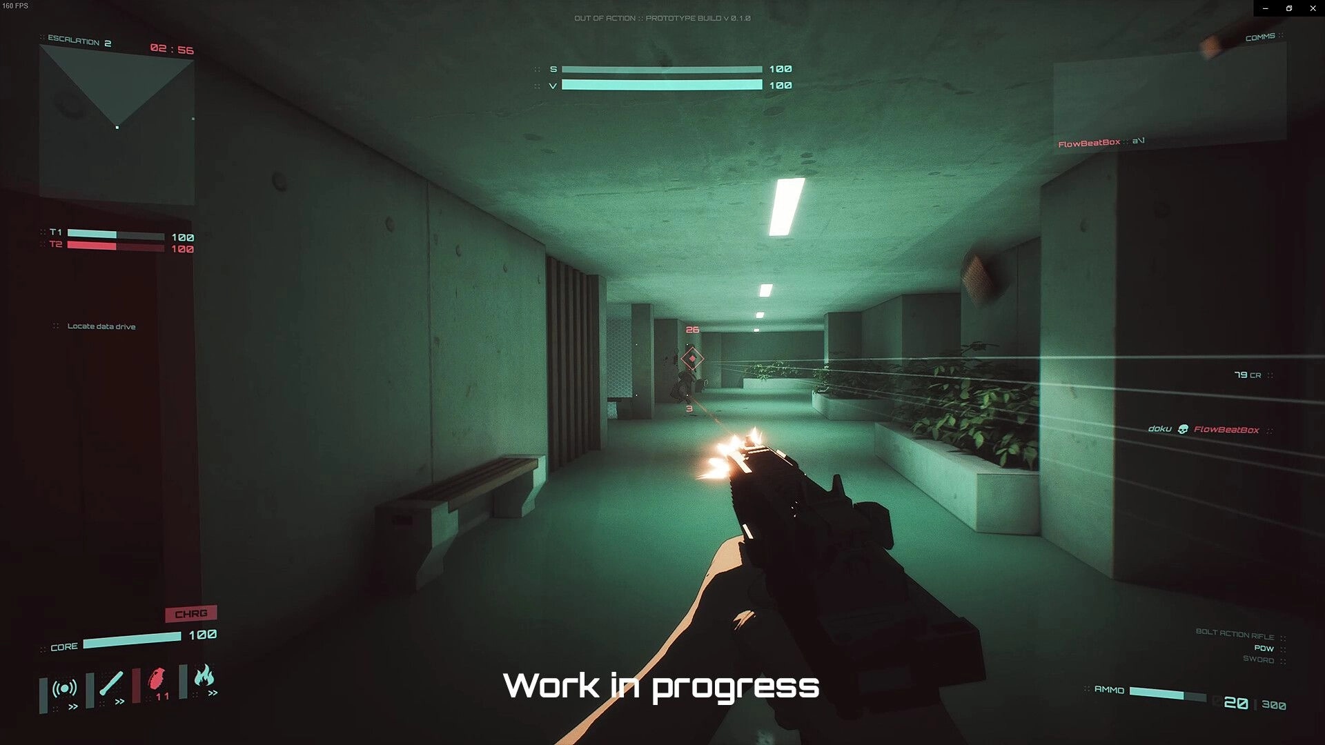 Out of Action: First-person hallway shootout with player targeting enemy in a dimly lit cyberpunk corridor