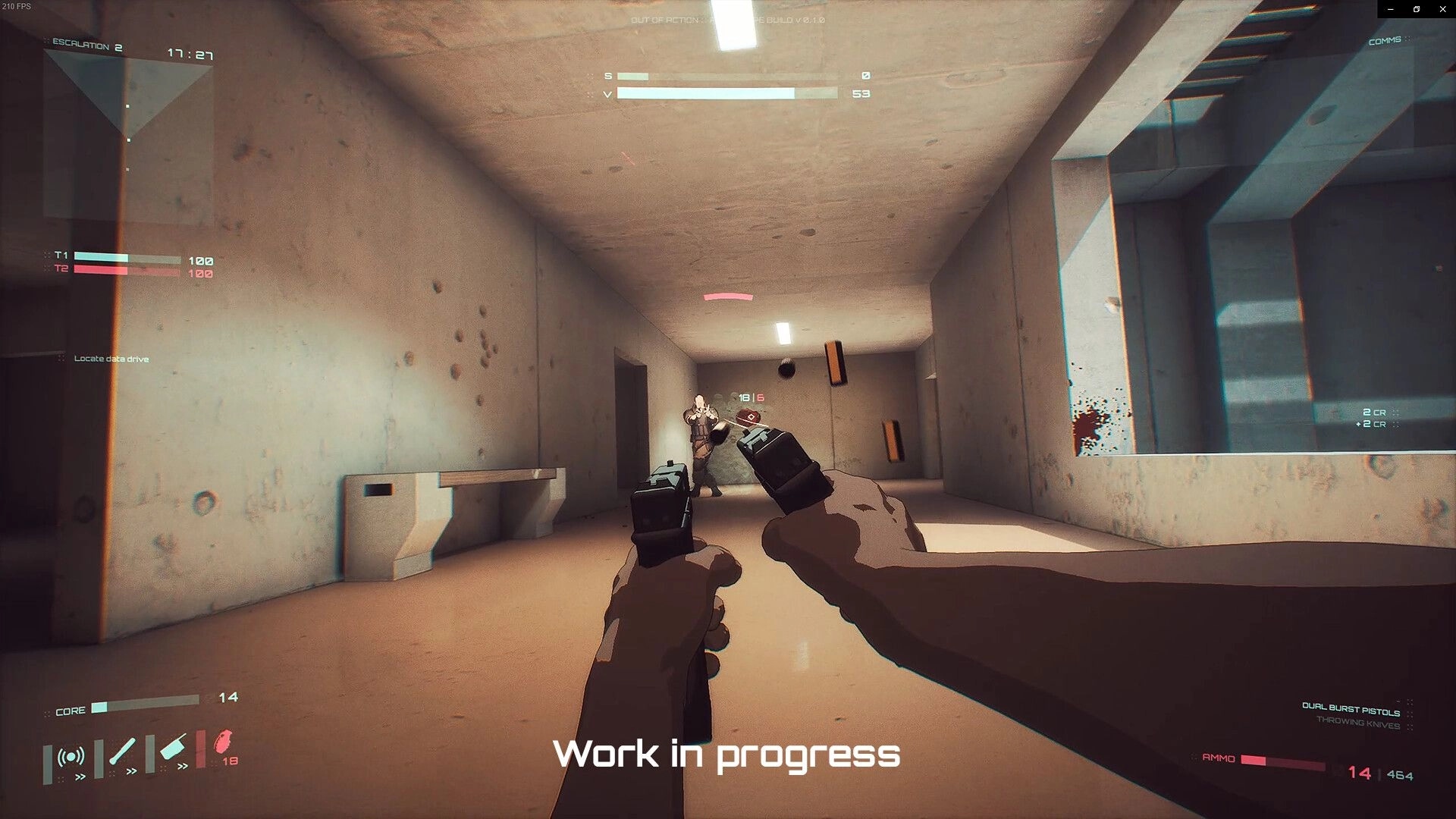 Out of Action: Player dual-wields pistols approaching an enemy in a dimly lit concrete corridor.