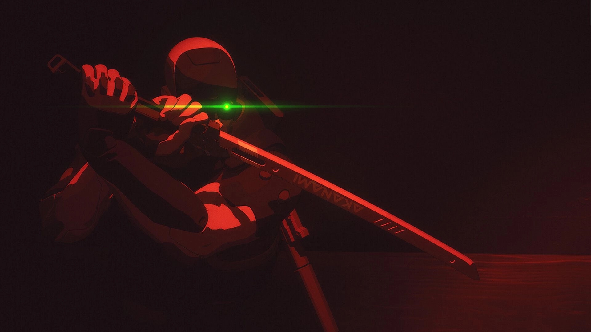 Out of Action: Cybernetic warrior with glowing eye brandishing a katana in a dark, red-lit setting
