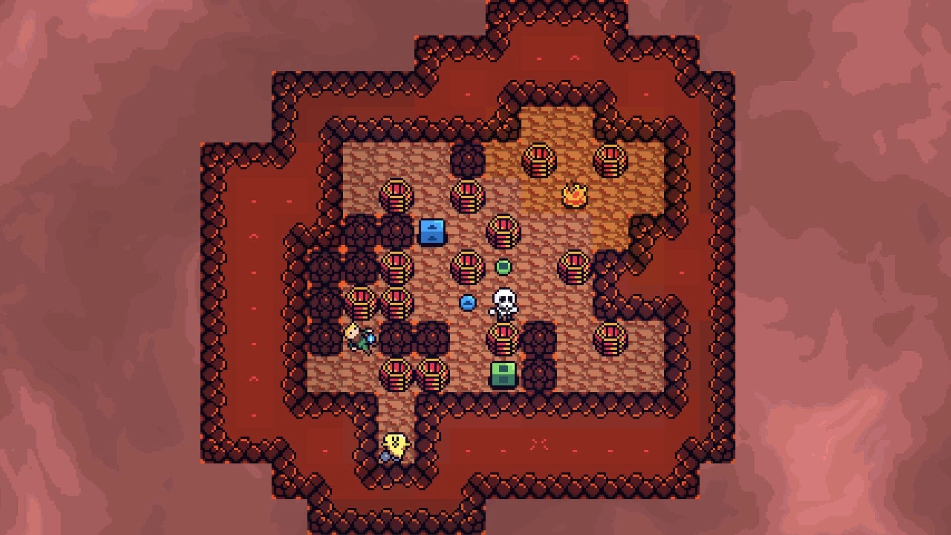 Out of Body: Top-down lava cave puzzle with skull, colored blocks, and striped urn obstacles nearby.