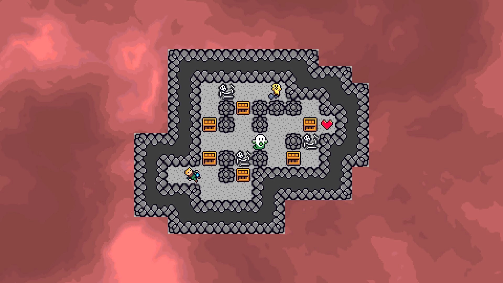 Out of Body: Ghost navigates crate puzzle in stone dungeon room with skeletons and a heart pickup nearby.