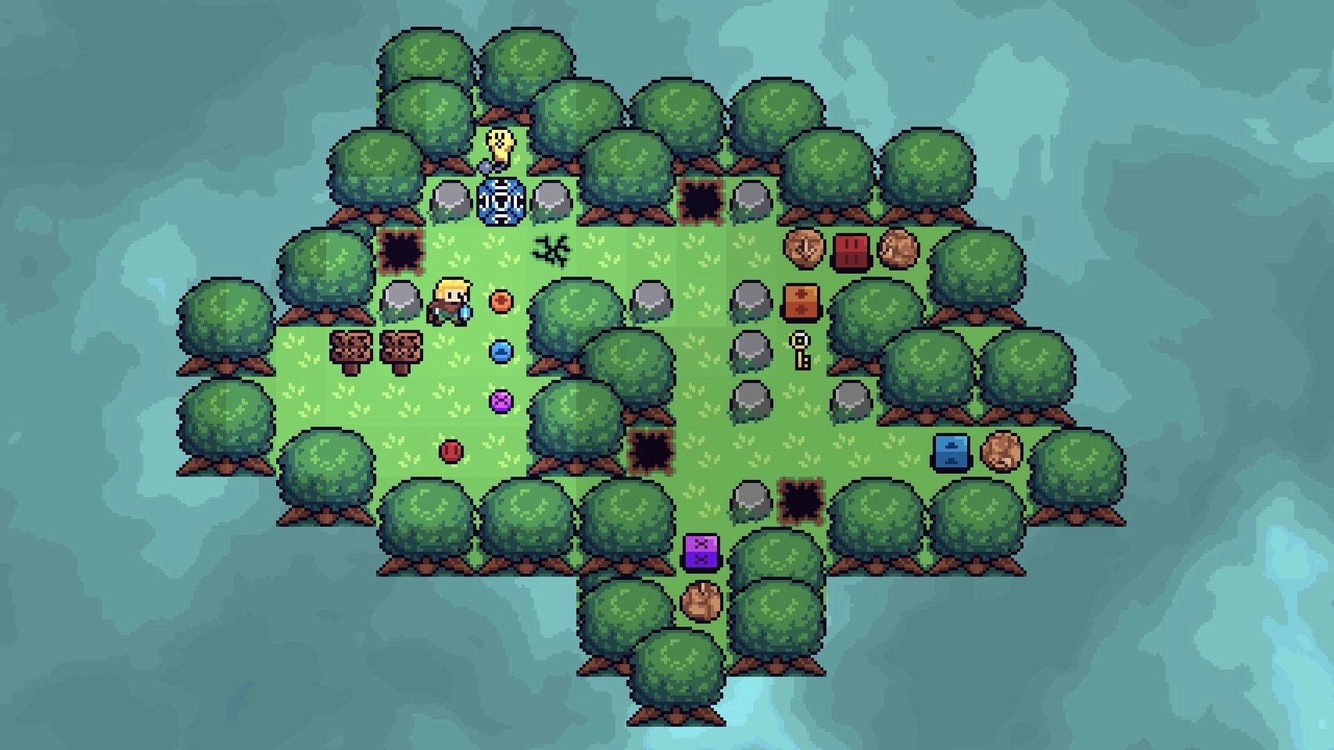 Out of Body: Top-down forest puzzle with hero, graves, pits, crates, key, and colored blocks on grass island.
